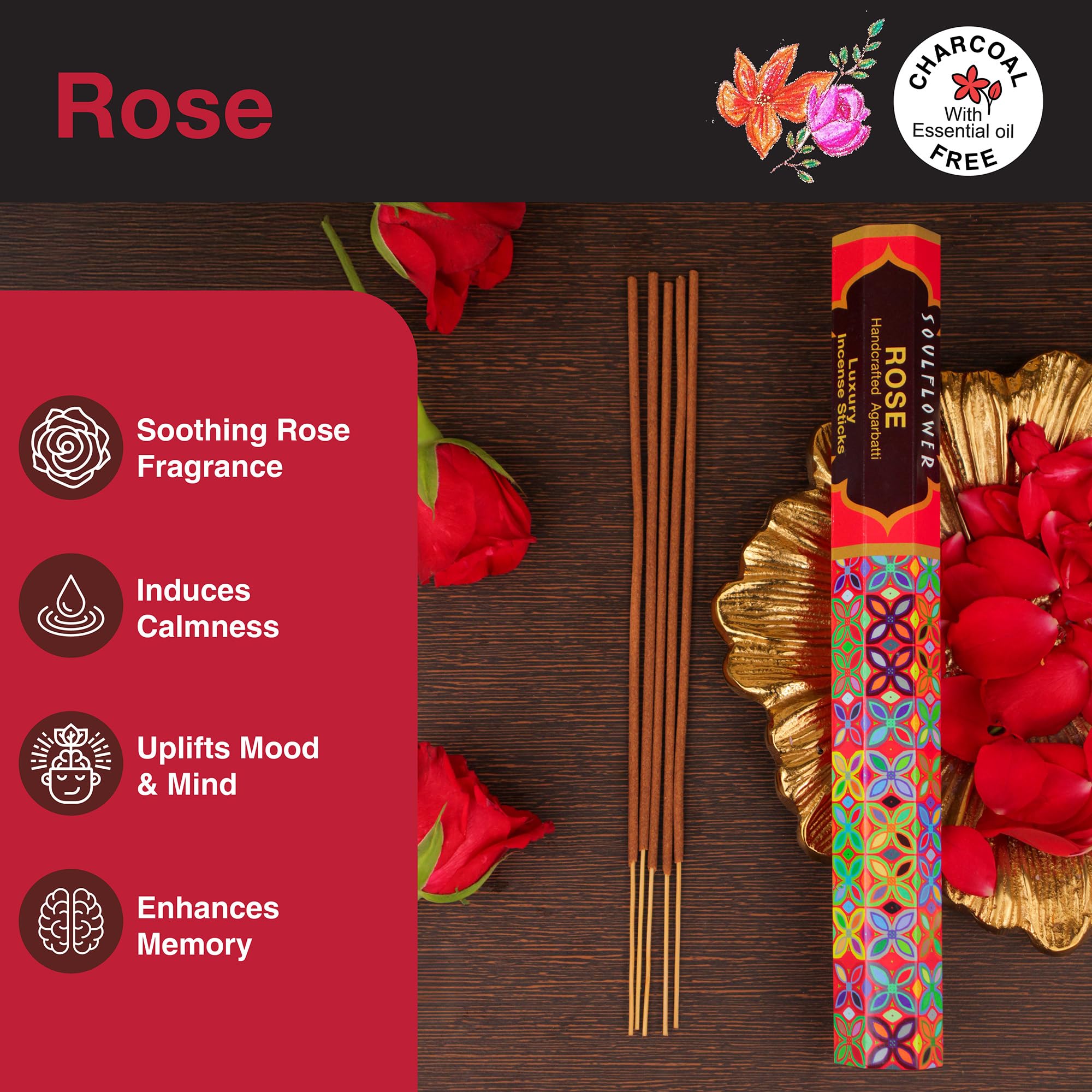 Soulflower 4 in1 Agarbatti Stick of Chandan, Gulab, Kesar & Mogra|Handmade,Long Lasting, Charcoal Free Incense Sticks for Home, Office, Room, Puja, Pooja, Meditation, Freshness 20 Sticks (Pack of 4) 1