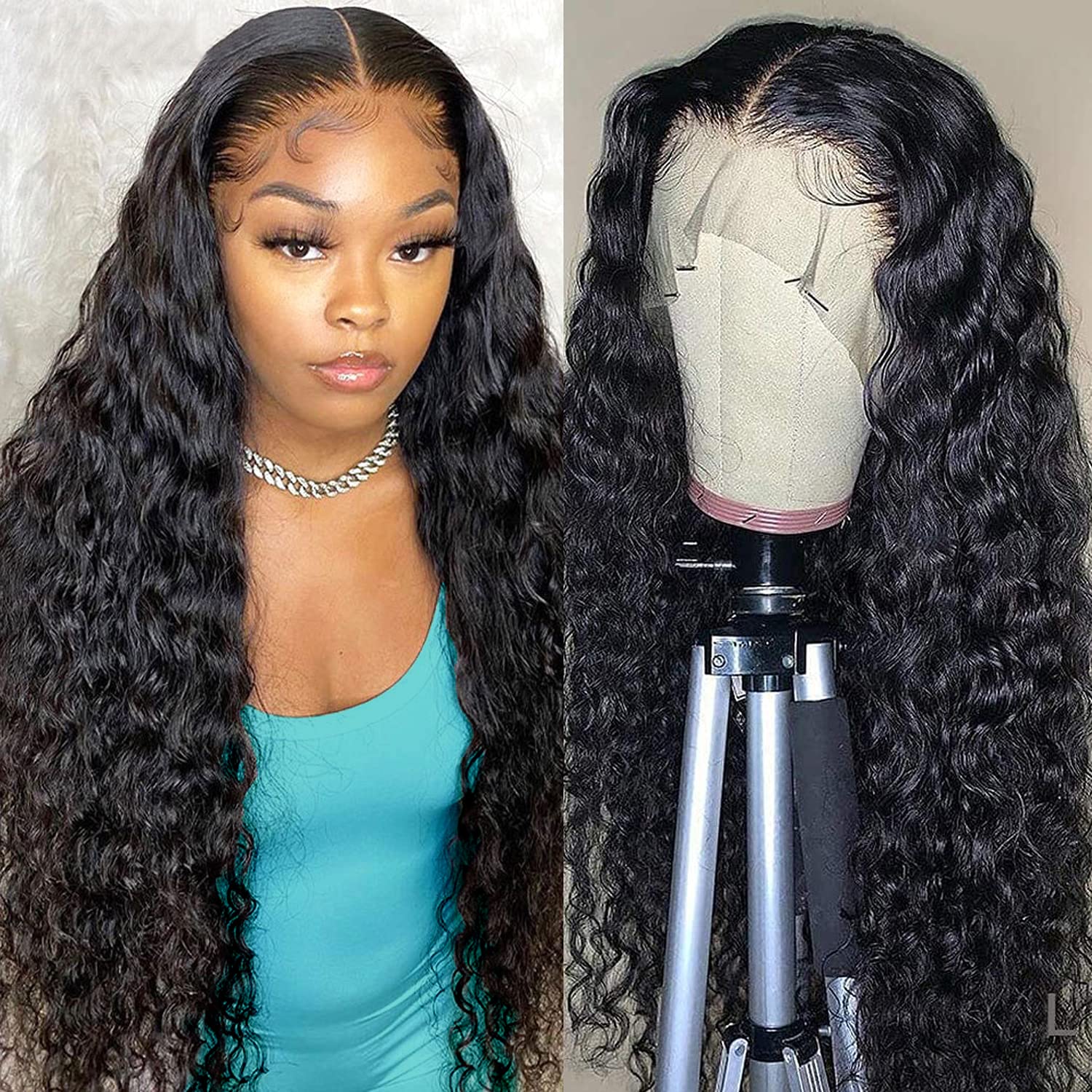 Tmbitto Water Wave Lace Front Wigs 13x4 hd Lace Front Wigs Human Hair 180% Density Curly Wigs Pre Plucked with Baby Hair Bleached Knots Frontal Human Hair Wigs For Women 20 Inch