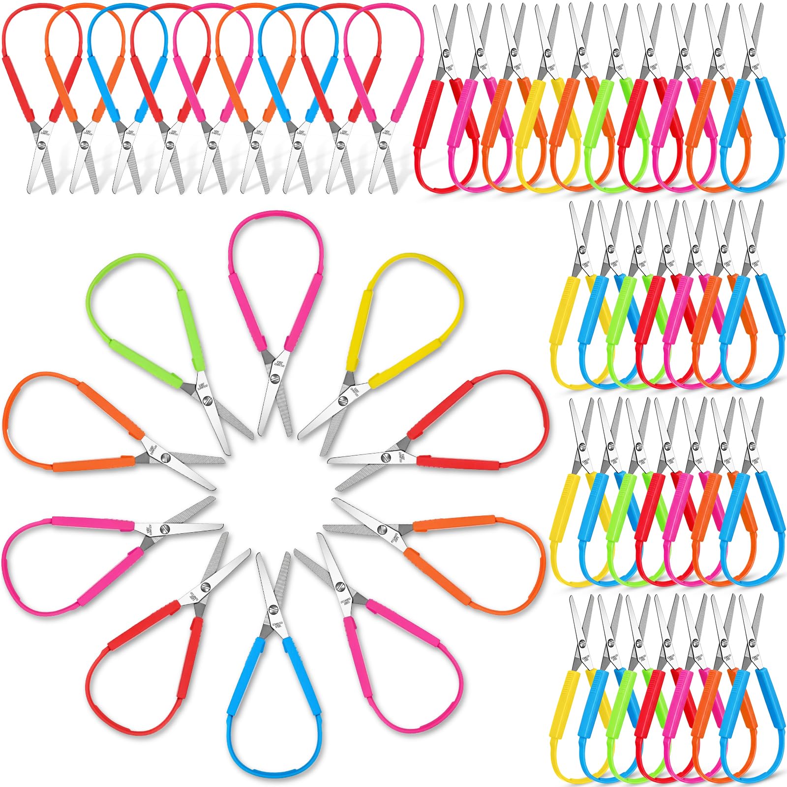 Honoson 50 Packungen Schlaufenscheren für Kinder, 14 cm Griff, selbstöffnend, adaptiv, spezielle Bedürfnisse, Mini-Schere, rechte und linke Unterstützung, für Jugendliche und Erwachsene, bunt
