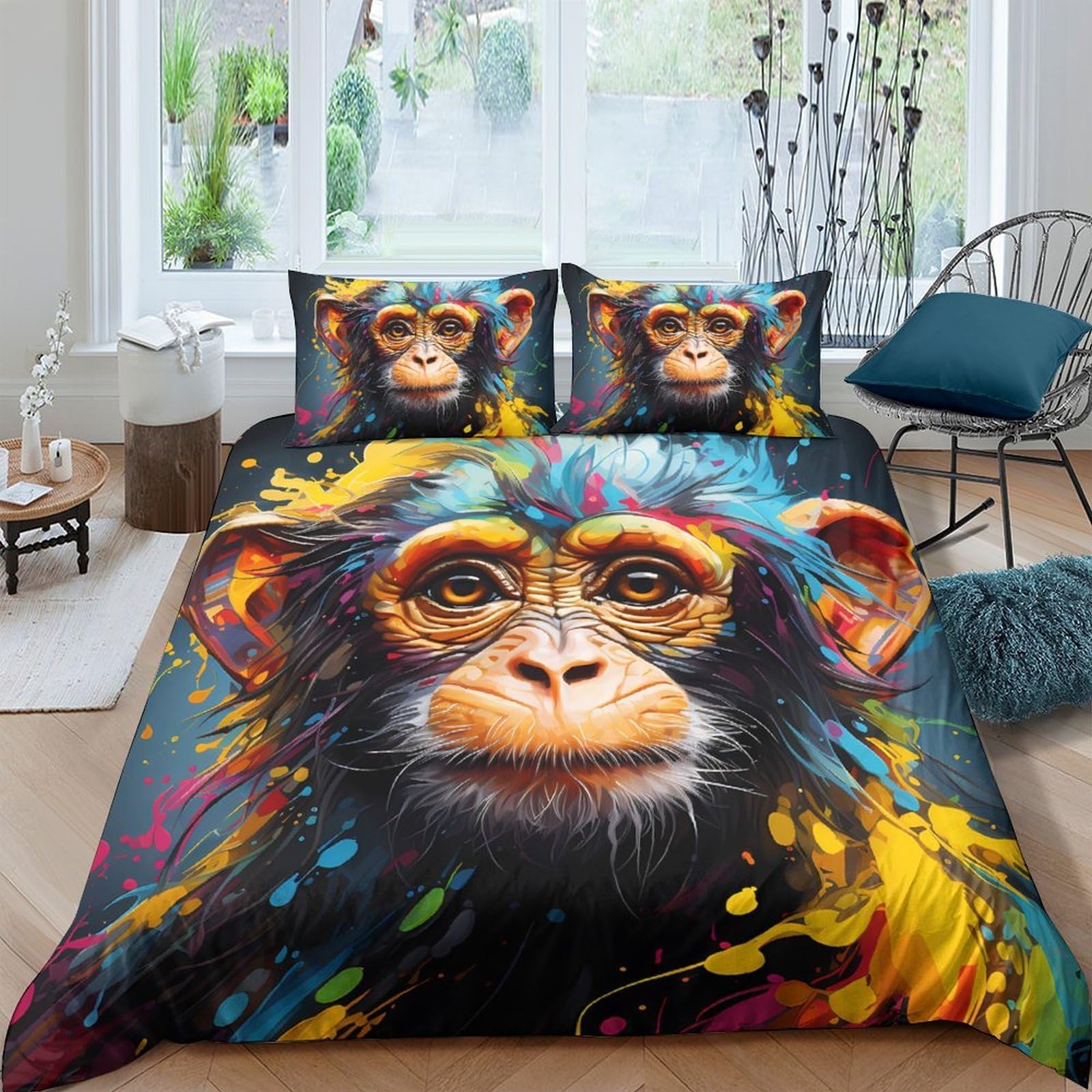 3D Printed Colorful Chimpanzee Duvet Cover Microfiber Soft Breathable Monkey Art Bedding Set with 2 Pillowcases for Bedroom Decor Single（135x200cm）