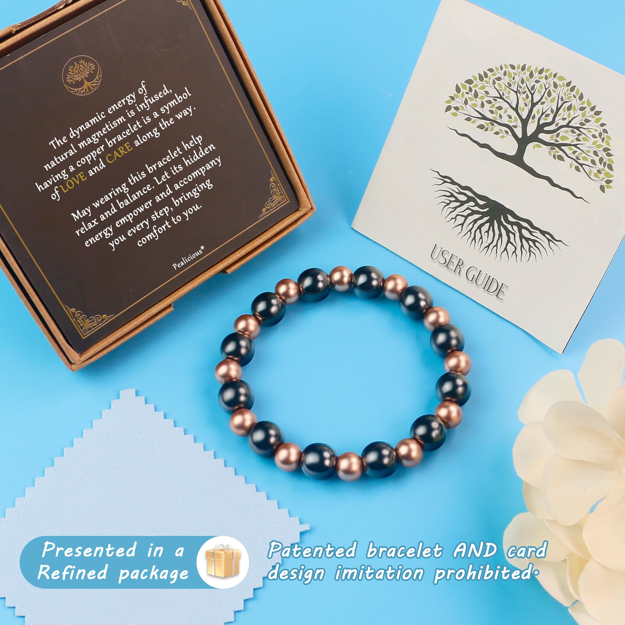PEALICIOUS Pulseras de cobre para hombre 99.9% cobre puro con 3800 Gauss, pulseras elásticas para hombre pulseras de cuentas como regalos de cobre para él pulseras para hombres