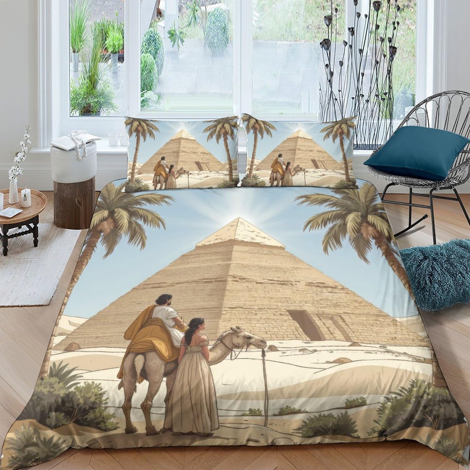 Ctjqhvkz Style-1 3D Printed Egyptian Pyramid Fitted Sheet Microfiber Soft Camel Desert Bed Cover For Bedroom Guest Room Decor Single（135X200cm）