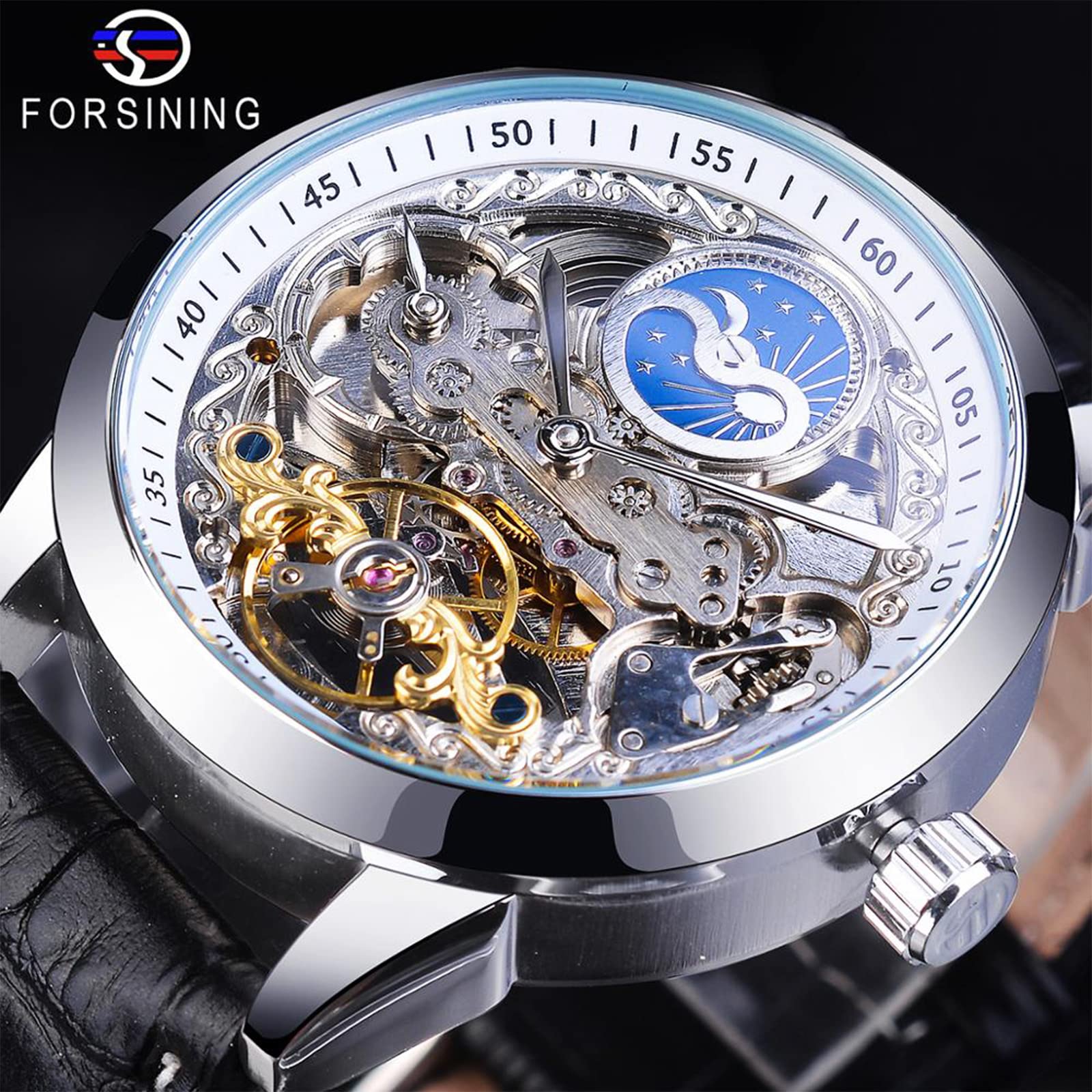 FORSINING Orologio da uomo scheletro fase lunare meccanico auto-vento Tourbillon doppio fuso orario orologi automatico cinturino in pelle di lusso grande quadrante orologio da polso, bianco
