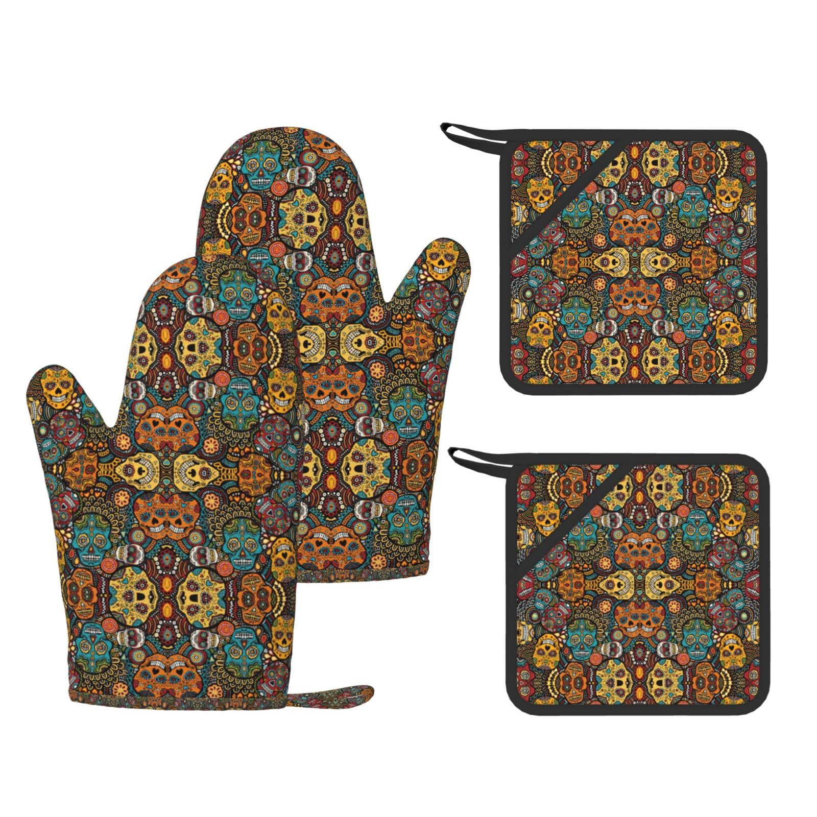 Colorful Sugar Skulls Printed Oven Gloves and Hot Pads Set of 4, High Heat Resistant Silicone Mitts for Cooking BBQ