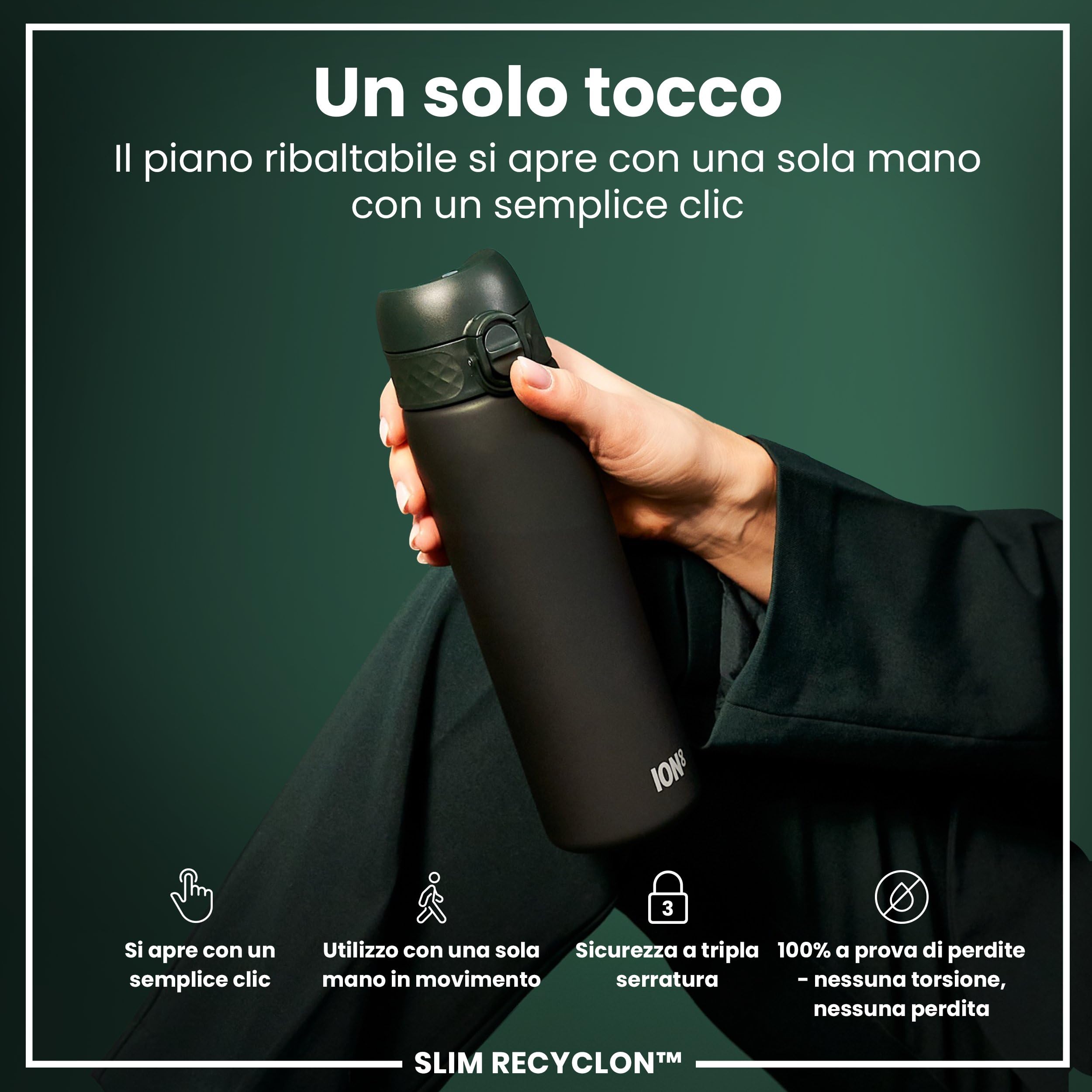 Ion8 Borraccia a Prova di Perdite, 500ml, Facile da Aprire, Serratura Sicura, Lavabile in Lavastoviglie, Senza BPA, Maniglia per il Trasporto, Adatta a Portabicchieri, Facile Pulizia, Verde Scuro