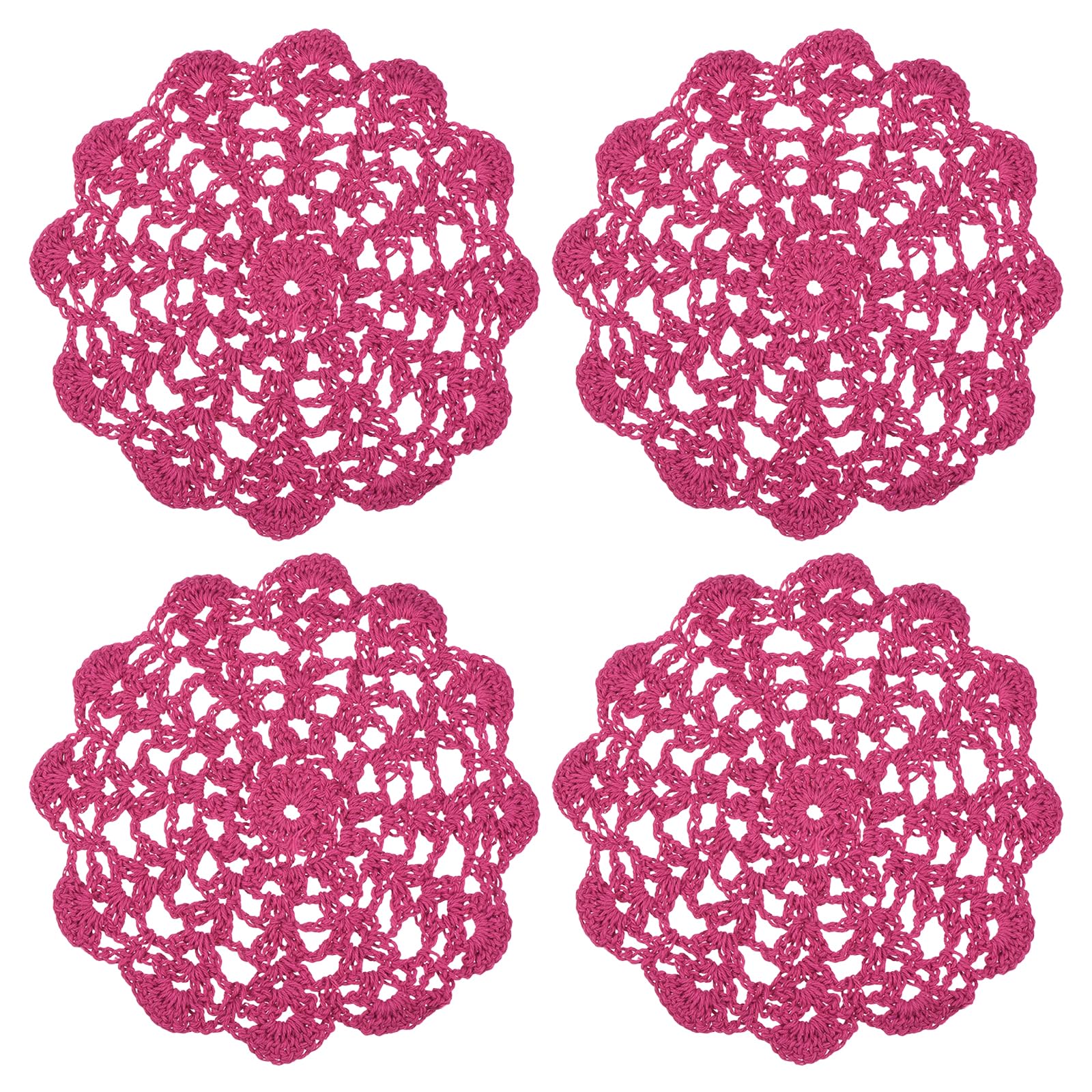 sourcing map 4Pcs Crocheted Cotton Doilies, 14cm Lace Doilies for Tables Cloth Lace Placemats Handmade Tray Doilies Round Cups Coasters for Glasses Crafts Kitchen Dining Room, Rose Red