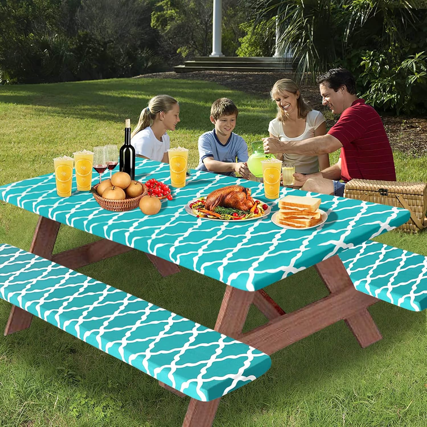 OutdoorLines Vinyl Fitted Picnic Table Cover with Bench Covers - Elastic Waterproof Camping Tablecloth for Picnic Table (Moroccon Teal 96x30 Inch, 3 Pcs)