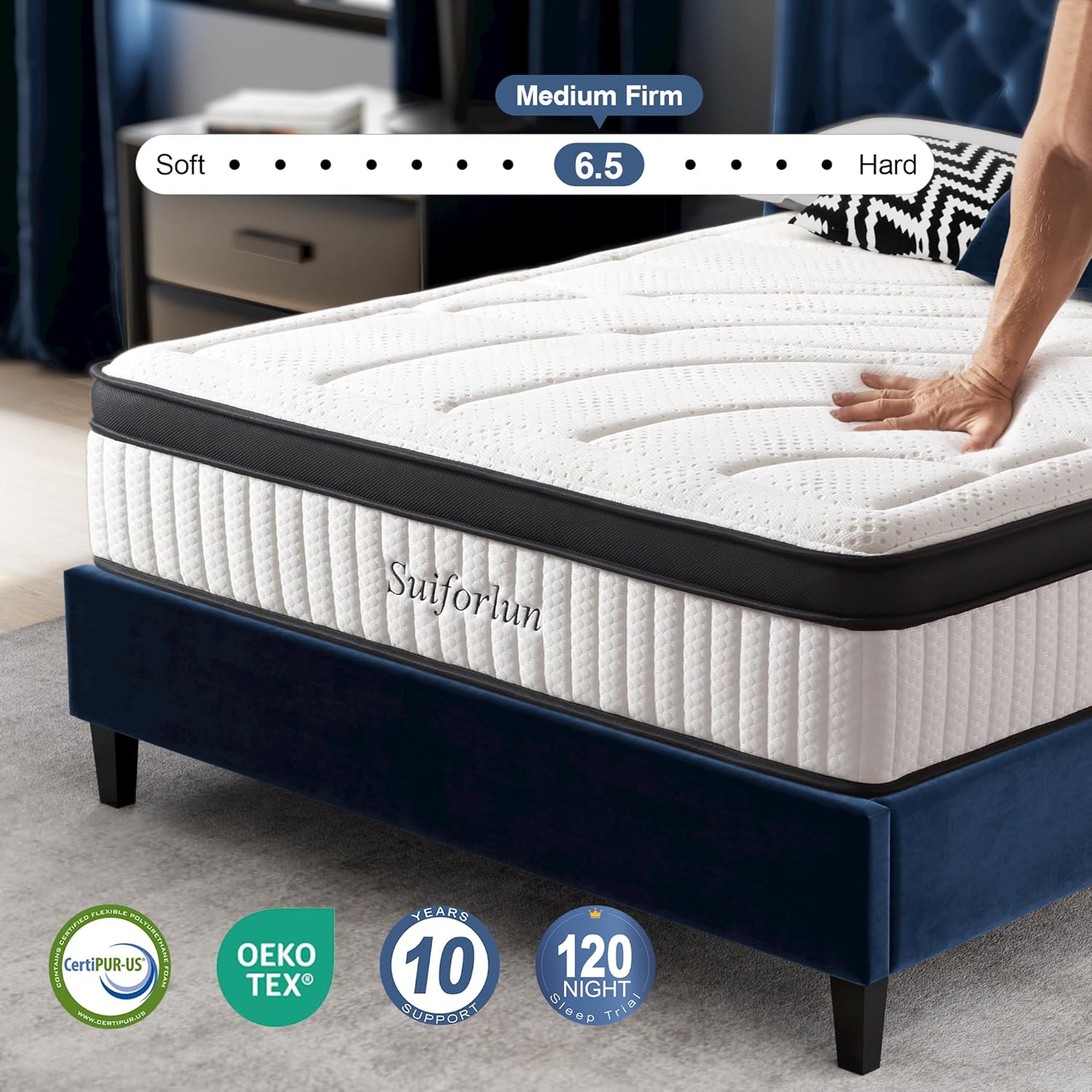 Suiforlun Queen Mattress 14 Inch - 5 Premium Pressure-Relieving Foam Layers - Extra Lumbar & Edge Support Springs - Medium Firm Hybrid Mattress Queen Size in a Box - Fiberglassfree