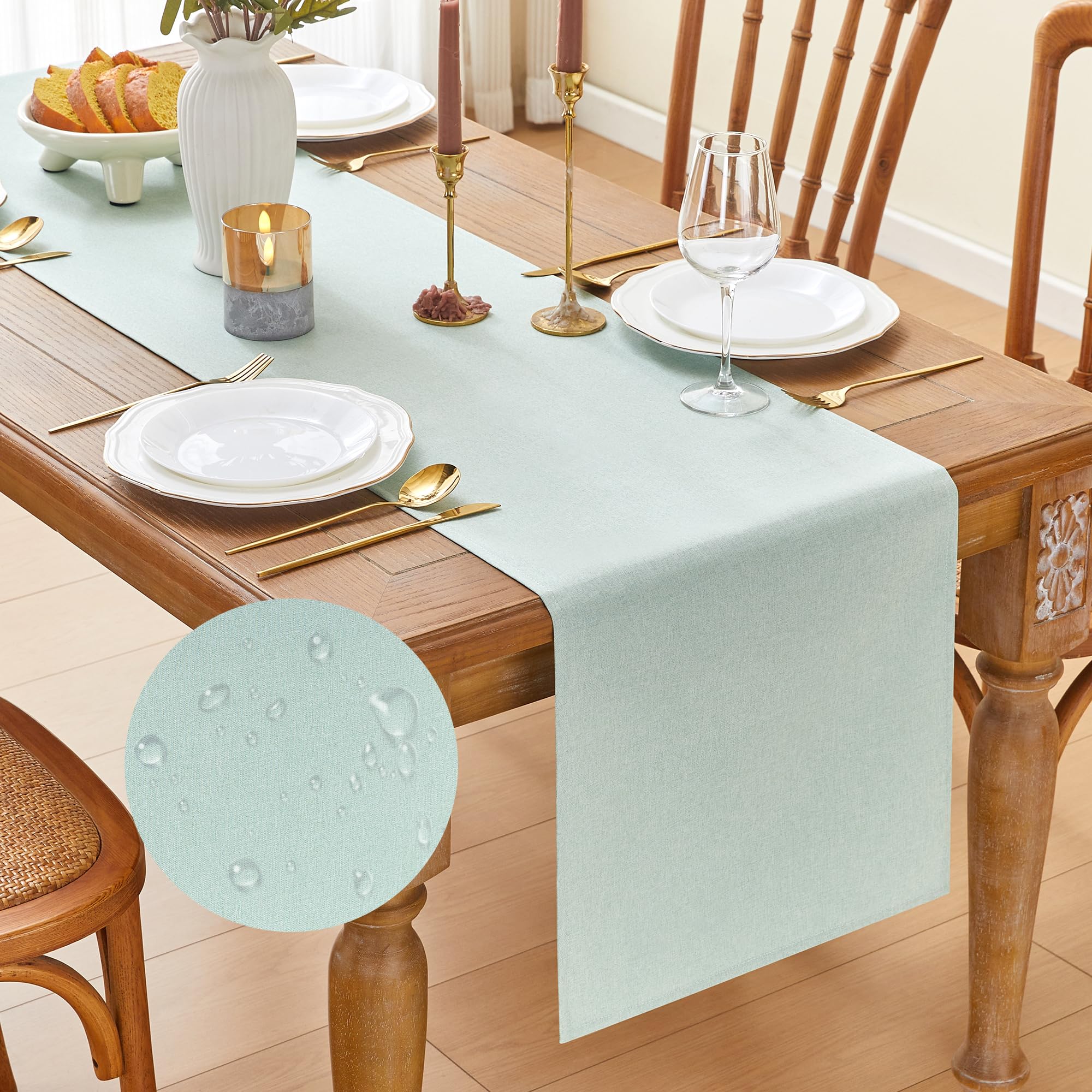 MAIBAOTA Mint Green Table Runner 40 x 140 cm, Waterproof Linen Table Runner for Coffee Tables, Kitchen Islands & Home Decor, Machine Washable Table Runner for Everyday Dining, Brunches & Gatherings