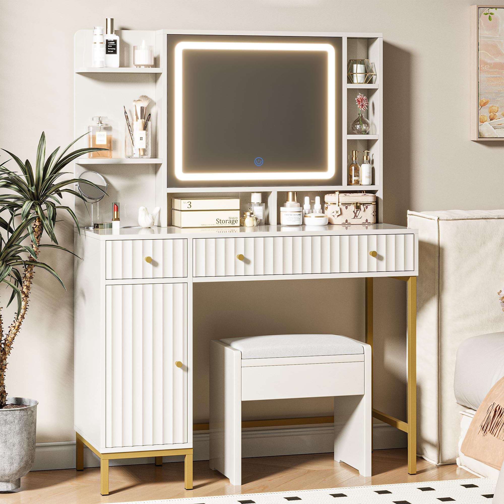 Lighted Vanity Desk with Storage Shelves