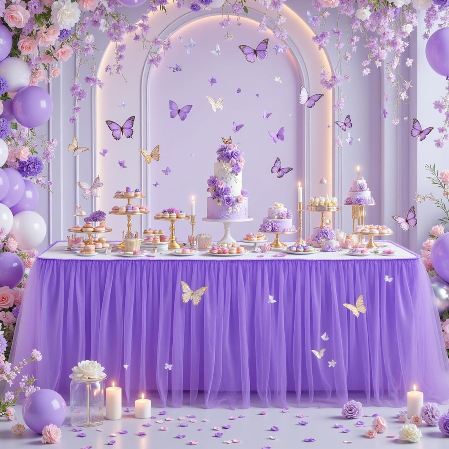 PARTISKY 12FT Length Purple Tulle Table Skirt for Rectangle Round Tables 2-Layer Ruffle Tulle Tutu Cloth Desk Table Skirt for Baby Shower Girl Birthday Party Wedding Cake Dessert Decorations