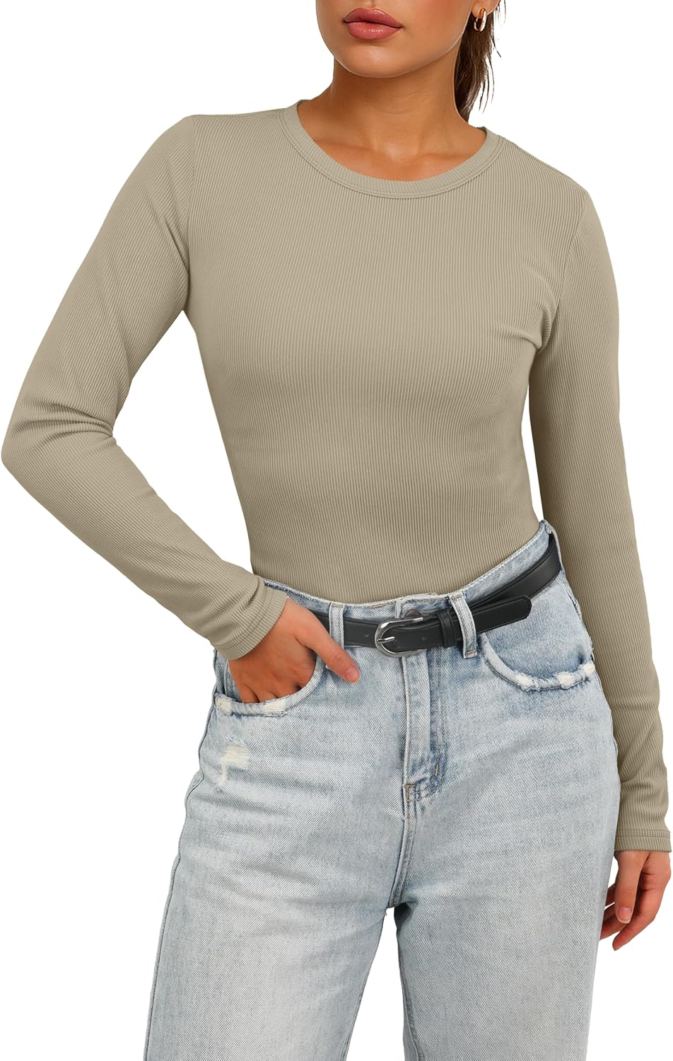IWOLLENCE Womens Ribbed Long Sleeve Crewneck Casual Slim Basic Shirts Fitted Knit Tops - Image 2