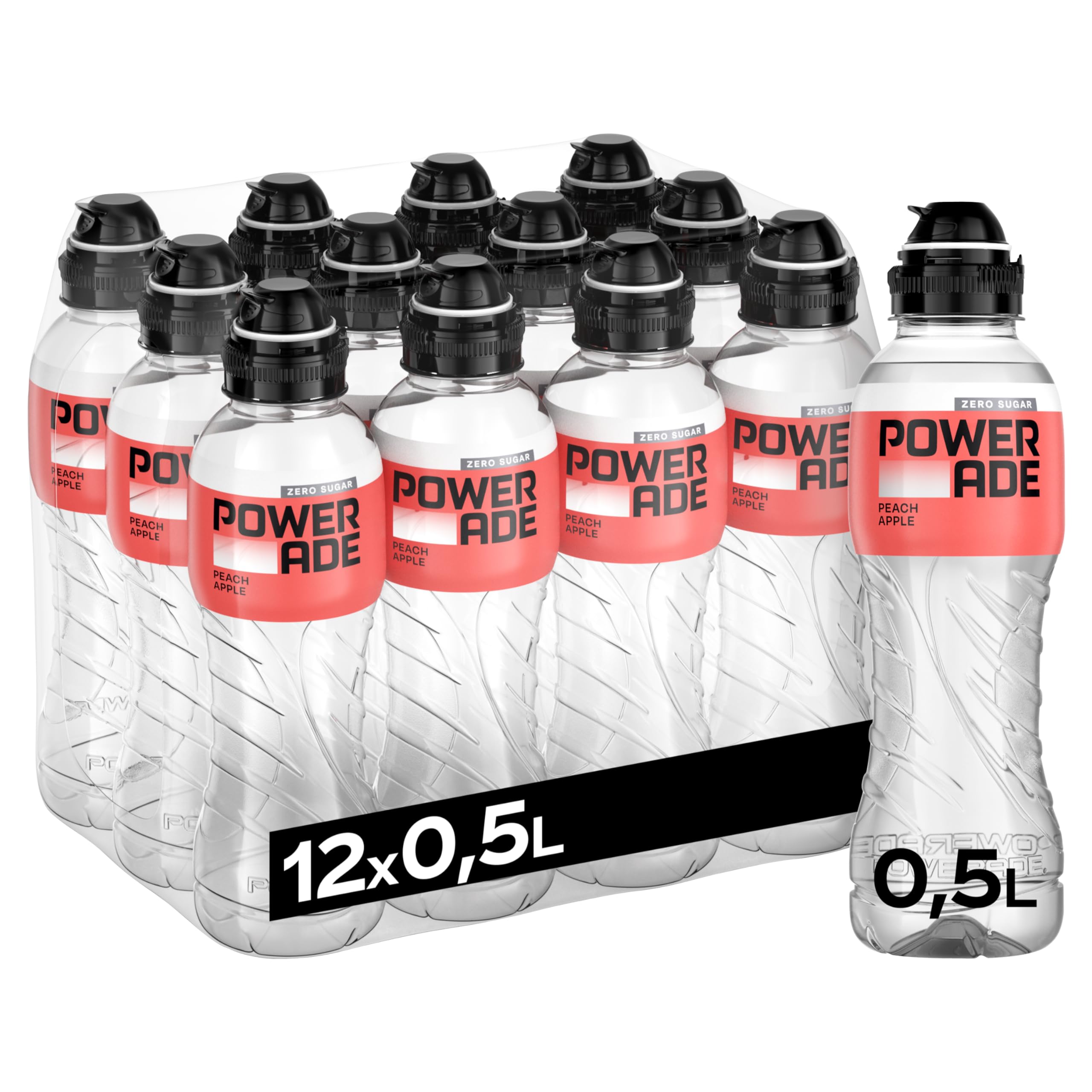Powerade Active Water Pfirsich-Apfel - kalorienfreies, zuckerfreies Erfrischungsgetränk mit Vitamin B3 und B6 - Sportgetränk mit Mikronährstoffen in Einweg Flaschen (12 x 500 ml)