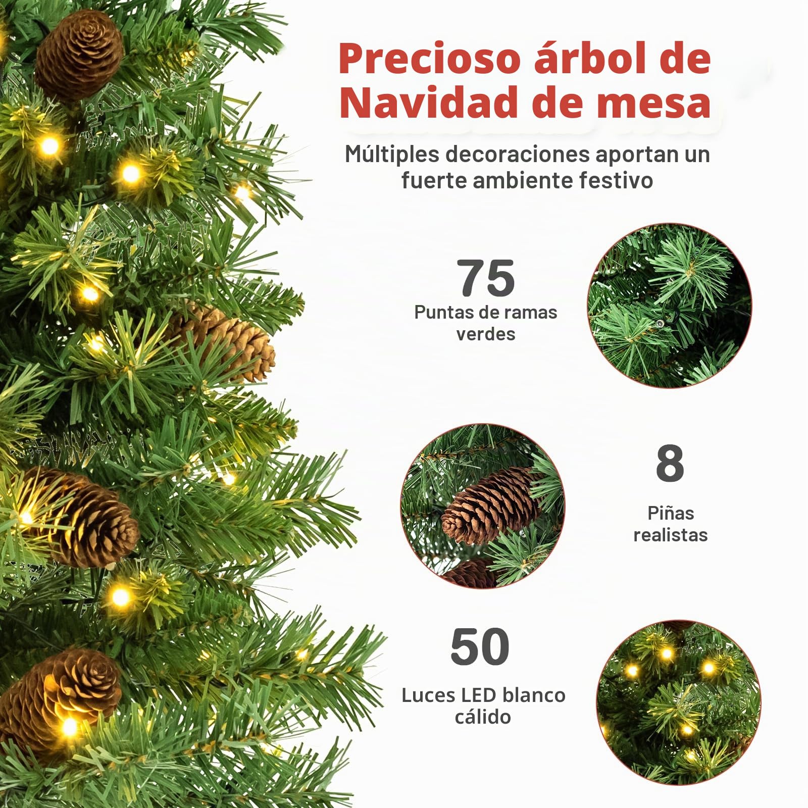 KOMFOTTEU Árbol de Navidad Artificial de 64 cm, Pequeño Árbol Navideño con 50 Luces LED y 8 Modos de Luz, Árbol Decorativo de Mesa con 75 Puntas de Ramas y 8 Piñas (64cm, 50 Luces)