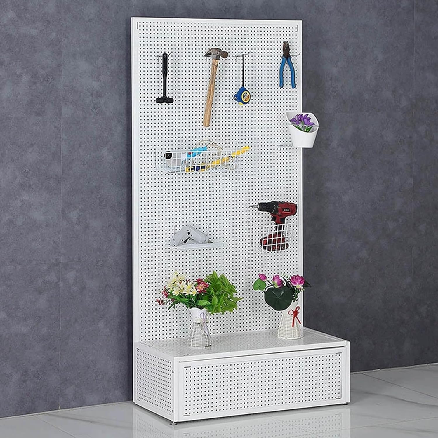 Floor-Standing Pegboard Wall Organizer, Hardware Storage Racks, Metal Peg Board with 30 Hooks for Boutique, Stores, Vendors & Events(50 * 150cm/20 * 59in)