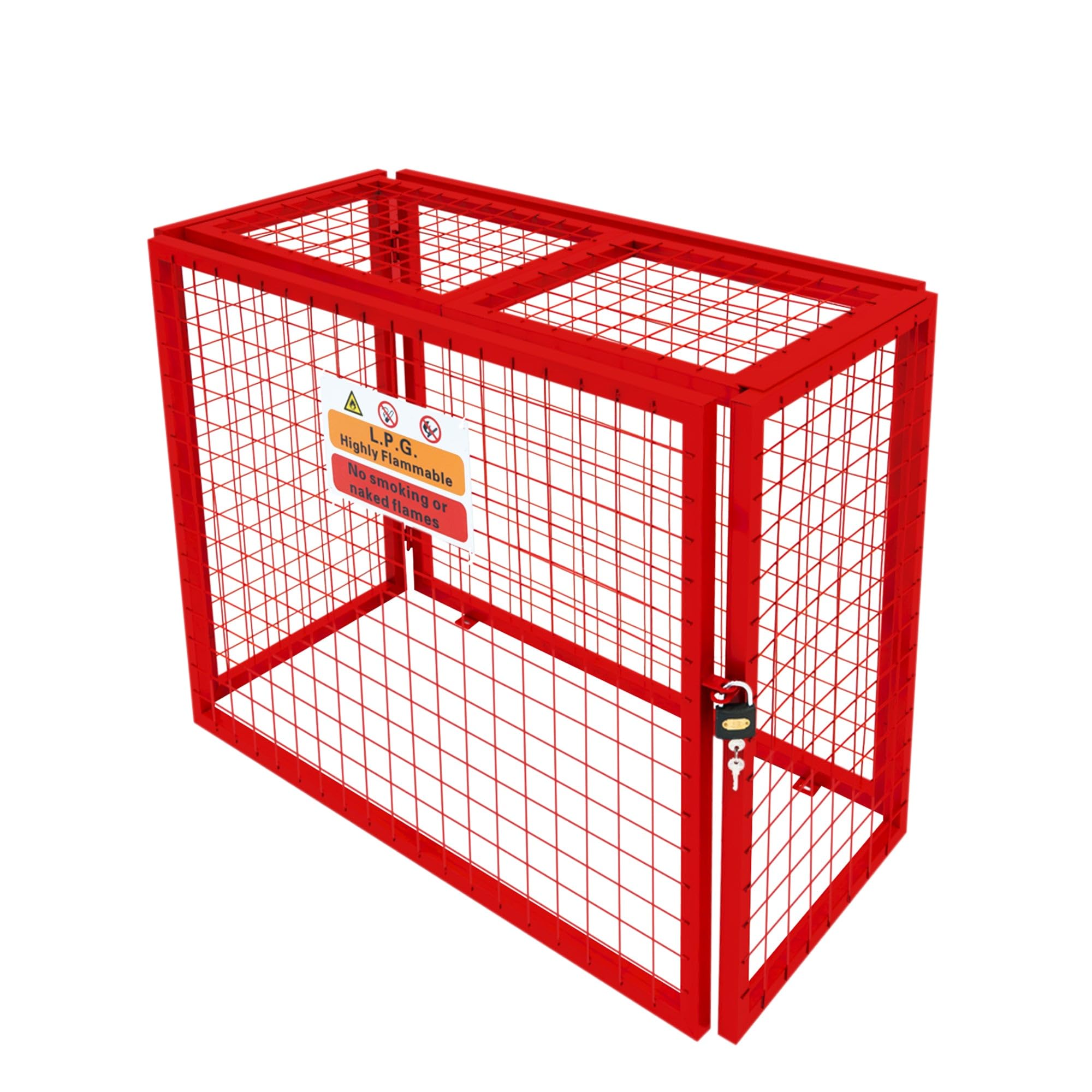 Cage Métallique de Rangement Gaz Acier Rouge - 100 x 140 x 50 cm Butane Propane Intérieur Extérieur Coffre Sécurisé 3 x 19 kg [Autocollant Sécurité, Cadenas & Clés INCLUS]