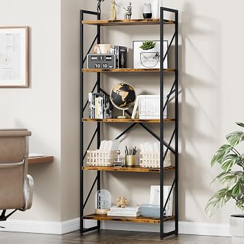 Vongrasig 5 Tier Bookshelf, Modern Industrial Bookcase with Metal Frame | 62 Tall Display Shelf, Free Standing Storage Organizer for Home Office, Living Room, Bedroom, Rustic Brown