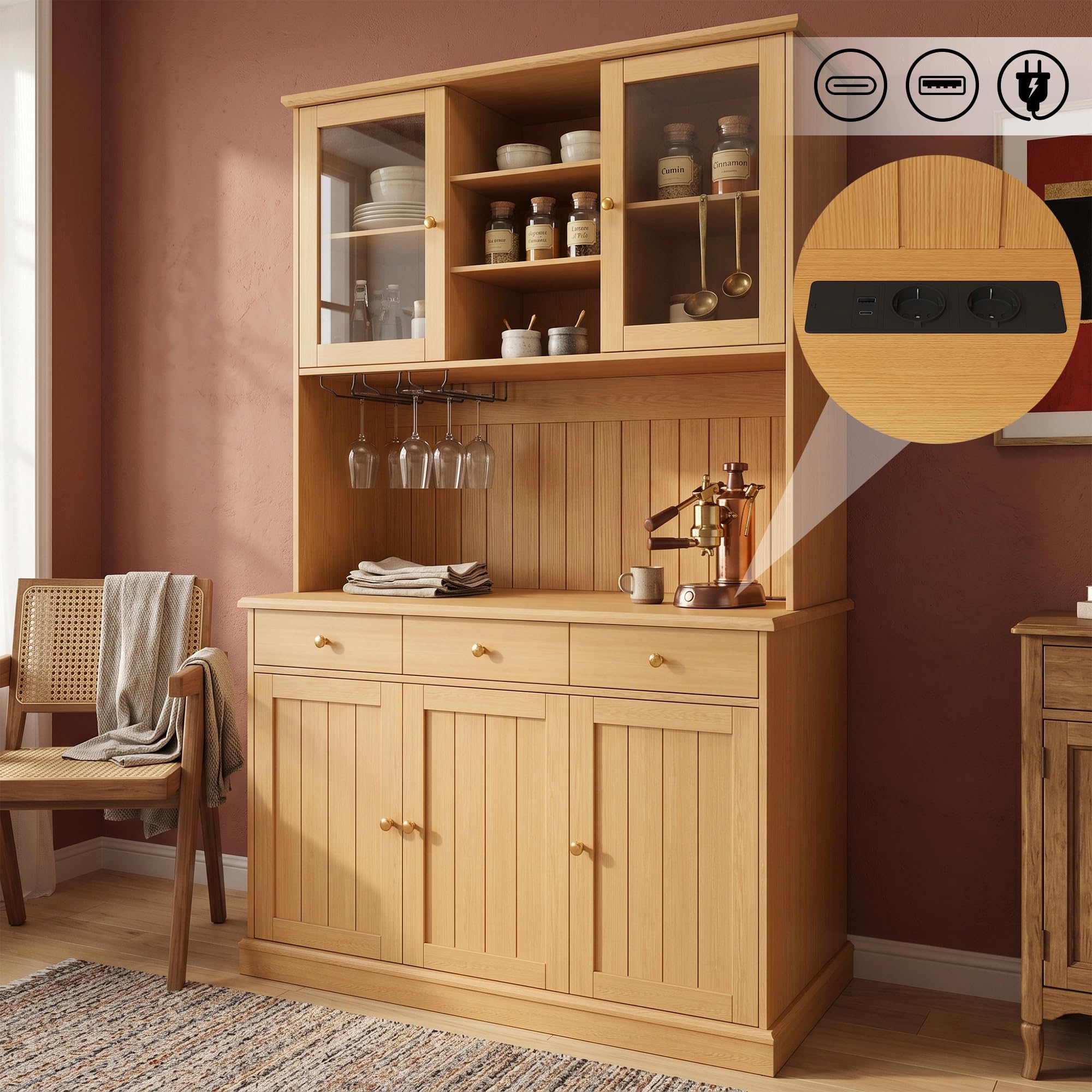 Küchenschrank mit USB-C- und USB-A-Anschlüssen, Buffetschrank mit Steckdose Sowie, Hochschrank mit Mehrstufigem Stauraum, Vitrinenschrank Küche, Esszimmerschrank, Vitrine, Schrank Küche