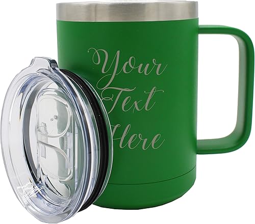 Taza de café personalizada de 15 onzas con aislamiento y asa y tapa, monograma y grabado con tu texto (verde)