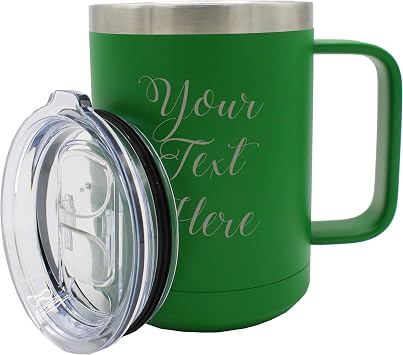 My Personal Memories Custom Personalized 15 oz Insulated Coffee Mug Travel Tumbler with Handle and Lid - Monogrammed and Engraved with Your Text Green