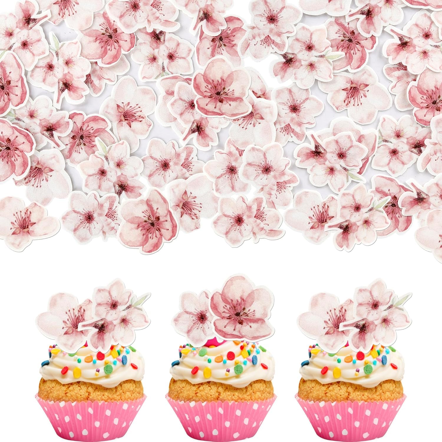 60 Stück Essbar Kirsche Blumen Tortendeko Kirsche Blüte Cupcake Toppers Reis Papier Waffel Papier Kuchen Deko für Baby Dusche Braut Dusche Geburtstag Party Kuchen Dekorationen Rosa