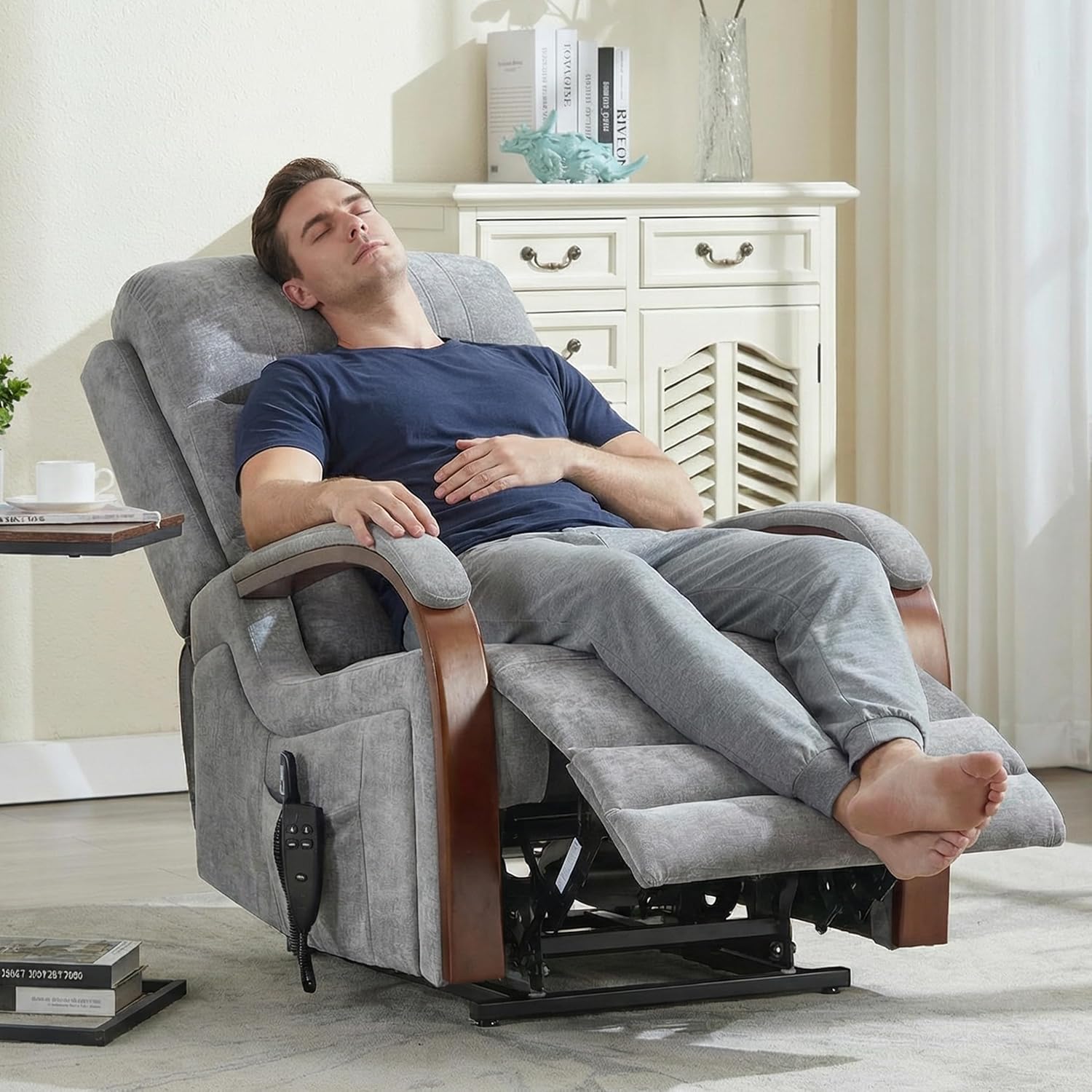 Power Lift Recliner Chair for Elderly People, Dual Motor Lift Chair with Vibration Massage and Heat, Lay Flat Recliner with Solid Wood Armrest, Standing Assistance Reclining, Chenille Fabric Gray