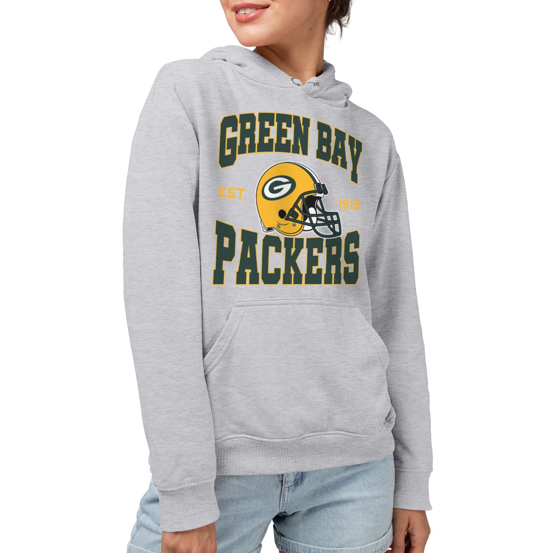 Junk Food Clothing x NFL - Green Bay Packers - Team Helmet - Unisex Adult Pullover Fleece Hoodie for Men and Women - Size Large , Grey