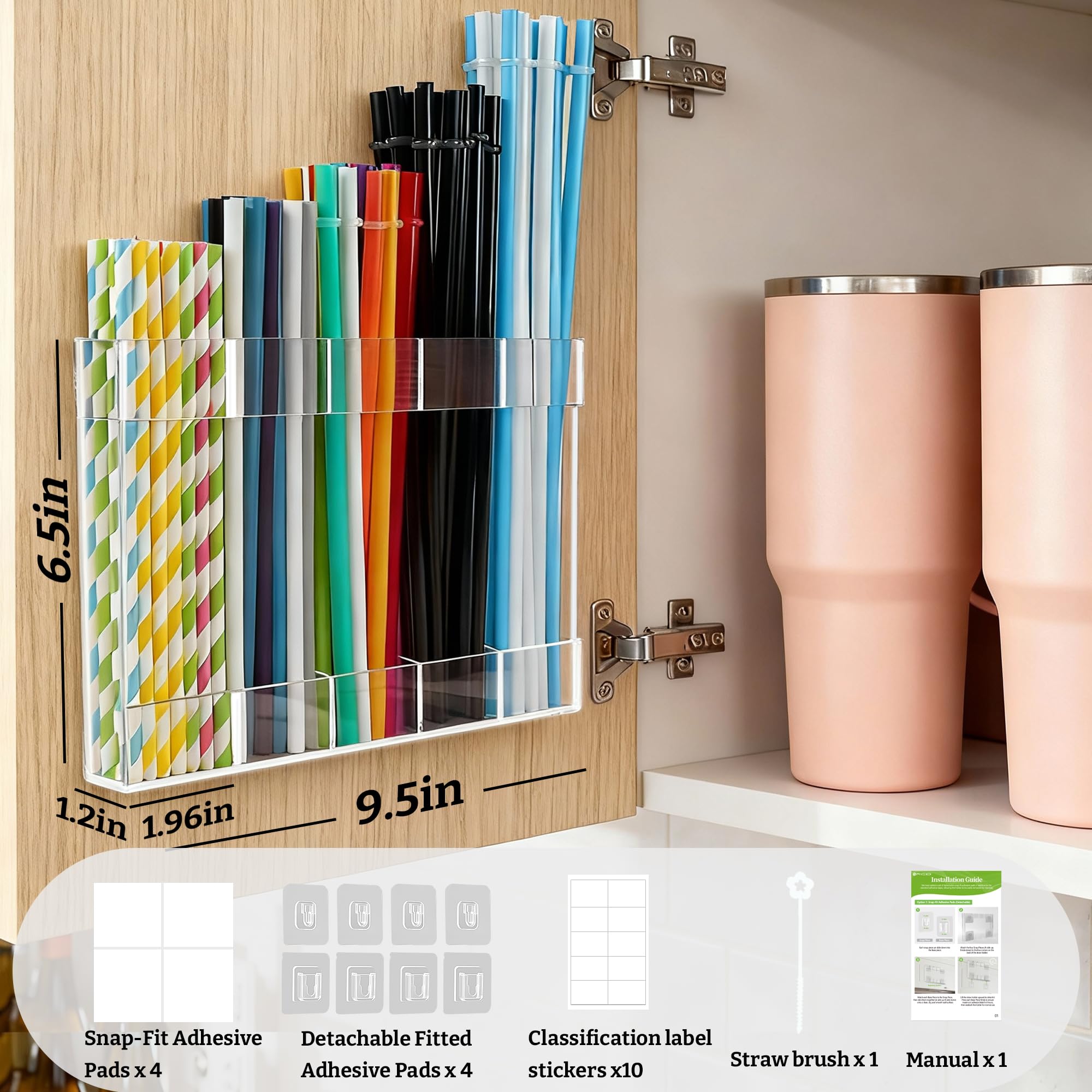 9.5â Large Acrylic Straw Holder for Cabinet Door with Detachable Ultra Sticky Adhesive Squares and Stickers, 2026 Reusable Straws Organizer Storage Dispenser for Kitchen Counter Cupboard: Transparent 1