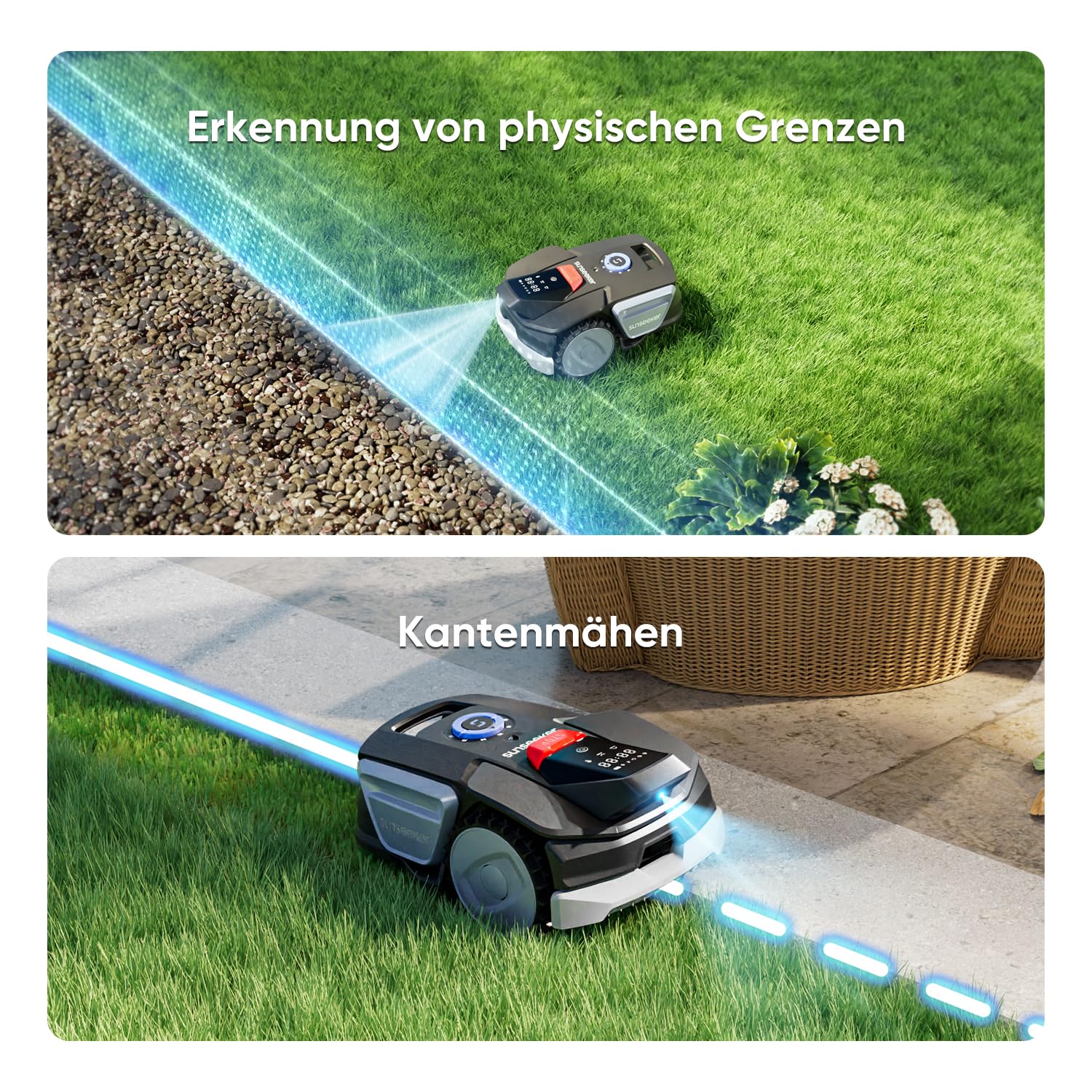 Sunseeker V1+Garage, Mähroboter ohne Begrenzungskabel, 300 m² für Kleine Gärten, Vision AI Intelligente Navigation, Rasenroboter mit EIN-klick-Mähen, Silbergrau