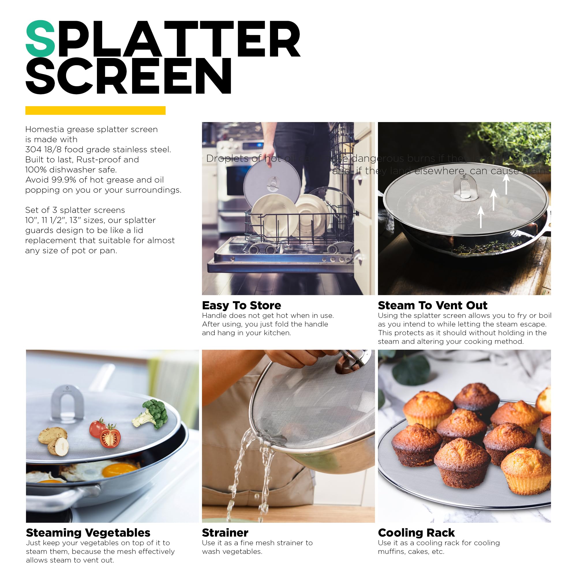 Homestia Protector de salpicaduras de grasa para sartén con perilla plana plegable, malla fina, protector de salpicaduras de aceite, tapa de sartén para cocinar, juego de 2 en 10 pulgadas + 13