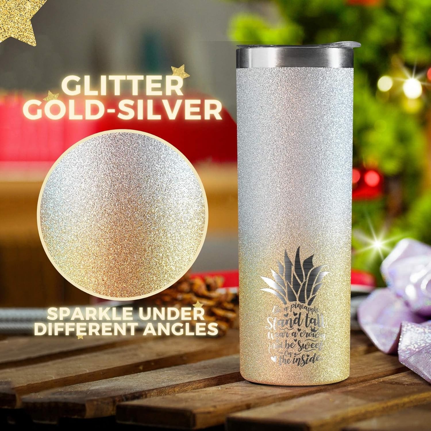 Onebttl Pineapple Glitter Tumbler - Stand Tall, Wear a Crown, Always Be Sweet - 20oz/590ml Stainless Steel Insulated Tumbler - Pineapple Gifts for Women and Lovers - Gold-Silver Gradient - Image 4