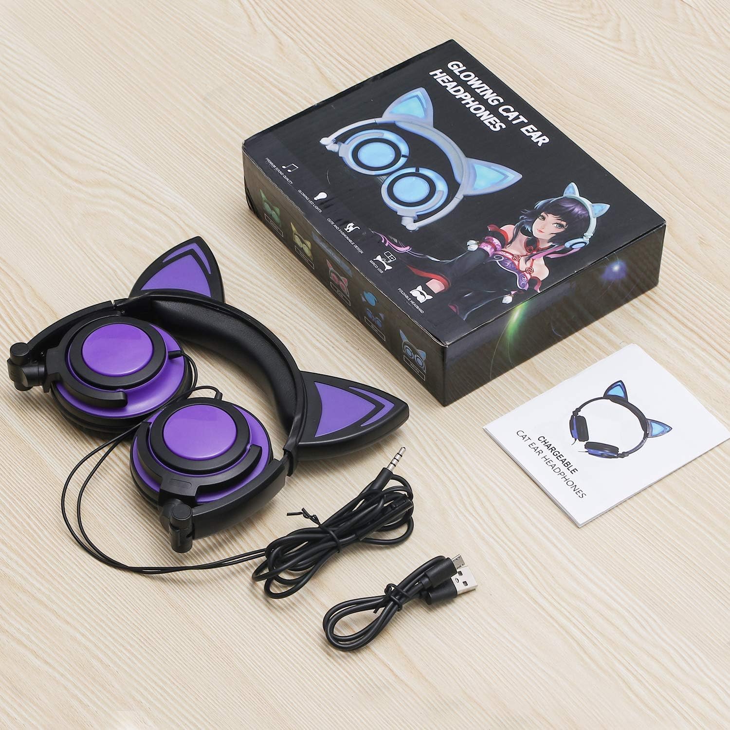 Olyre Kitty Cat Ear Wired Headphones for Kids Teens Adults - Rechargeable LED Light On-Ear Headphones with 3.5mm Jack,Foldable & Lightweight, Compatible with Android, Tablet, PC (Black & Purple)(Black&Purple)