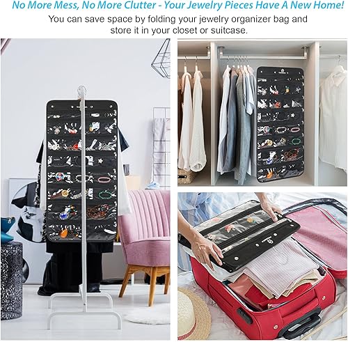 Miniatura 6 de Organizador de joyas colgante giratorio con cierre de cremallera seguro, 50 bolsillos, solución de almacenamiento y exhibición plegable, para todas