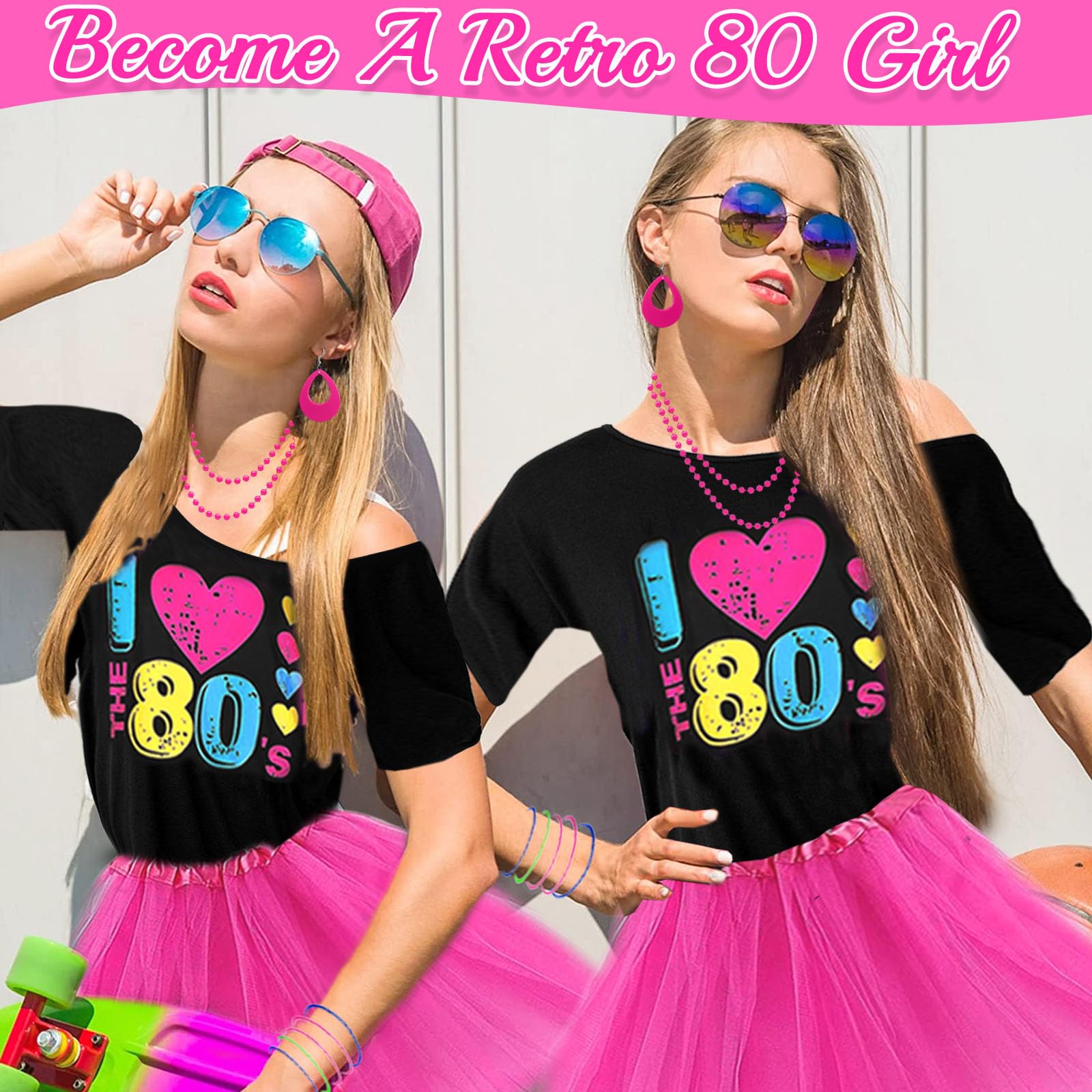 Ensemble d'accessoires de costume des années 80 pour femme avec t-shirt, jupe tutu, bandeau, boucles d'oreilles, collier, lunettes, bracelet, gants en résille et jambières pour fête rétro