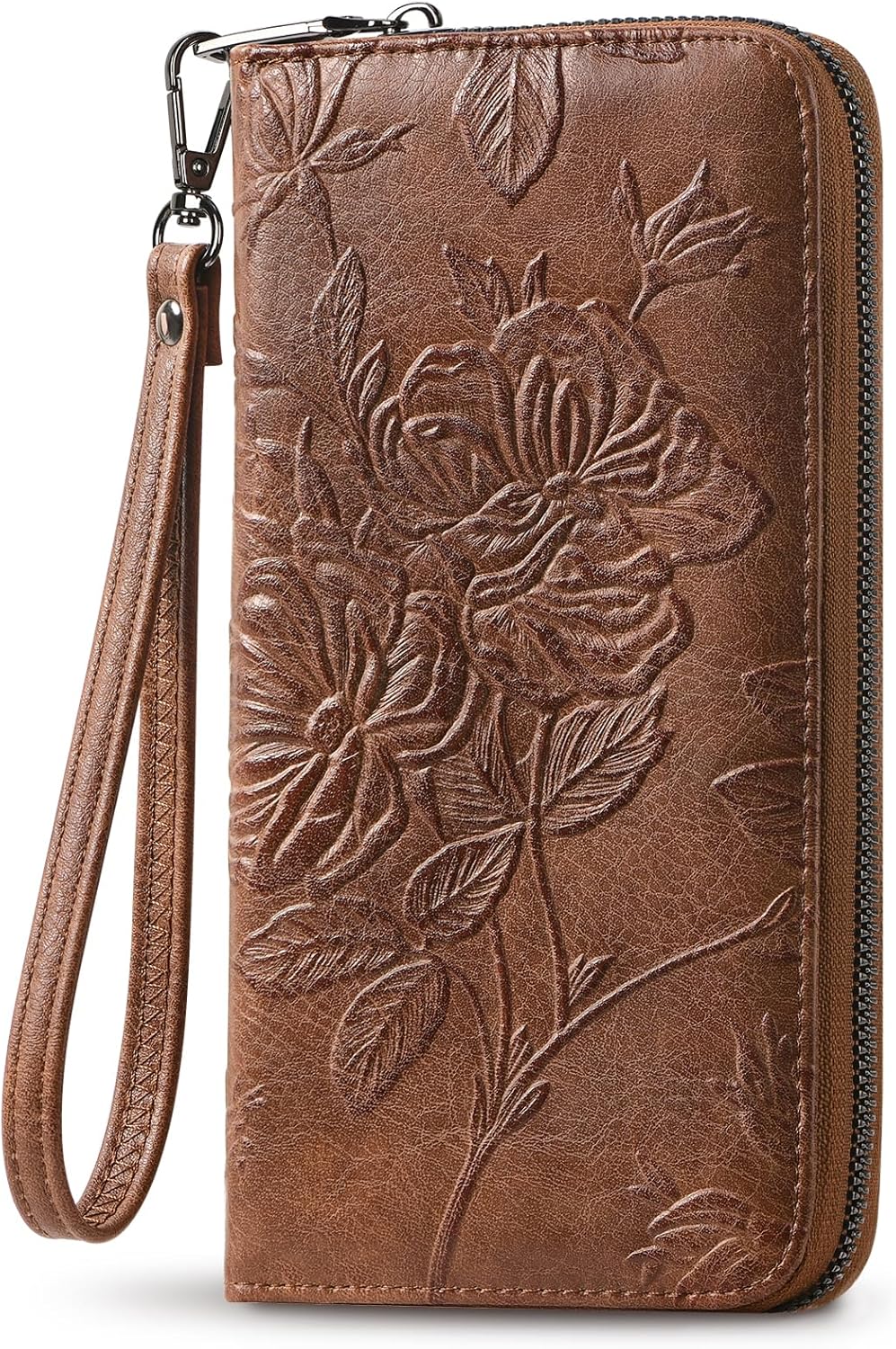 FORUWISH Wallet Women RFID Credit Card Holder Embossed Vegan Leather Large Capacity Brown Wristlet Wallets for Women