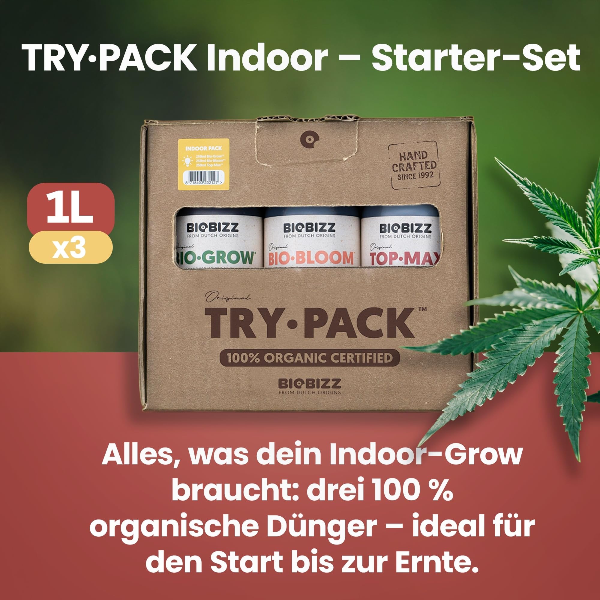Biobizz XXL Trypack Indoor Set mit Bio Bloom, Bio Grow und Top Max je 1L und Bio Up, Bio Down je 250ml inklusive Messpipette