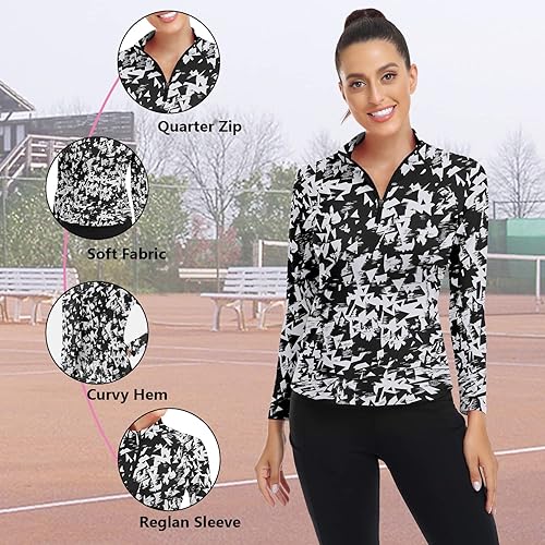 Miniatura 4 de WOWENY Camisetas deportivas de manga larga para mujer con cremallera de un cuarto cuello con estampado camiseta de tenis