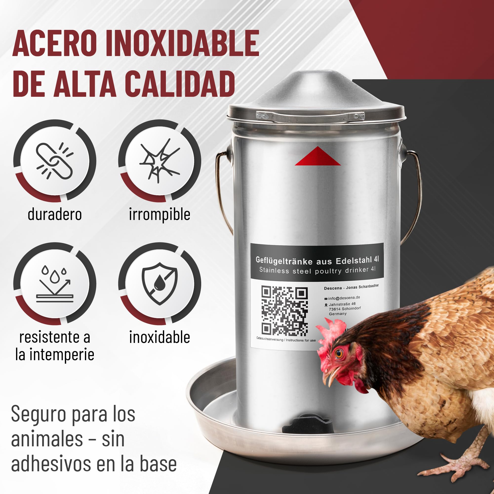 Bebedero para Gallinas 4L de Acero Inoxidable 304 (V2A) – Llenado Superior, Compatible con Calentadores y Placas calefactoras, para gallinero