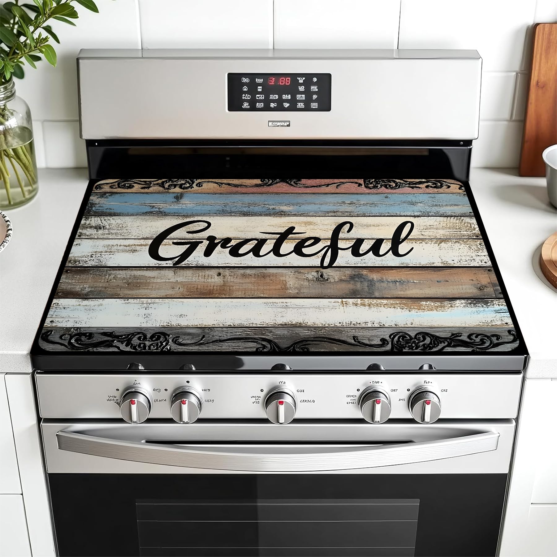 Multi-Design Stove Top Cover for Glass/Electric Stoves - 3-in-1 Heat-Resistant Protector Mat, Non-Slip Drying Rack 28"x20" (Grateful, 28" L x 20" W)