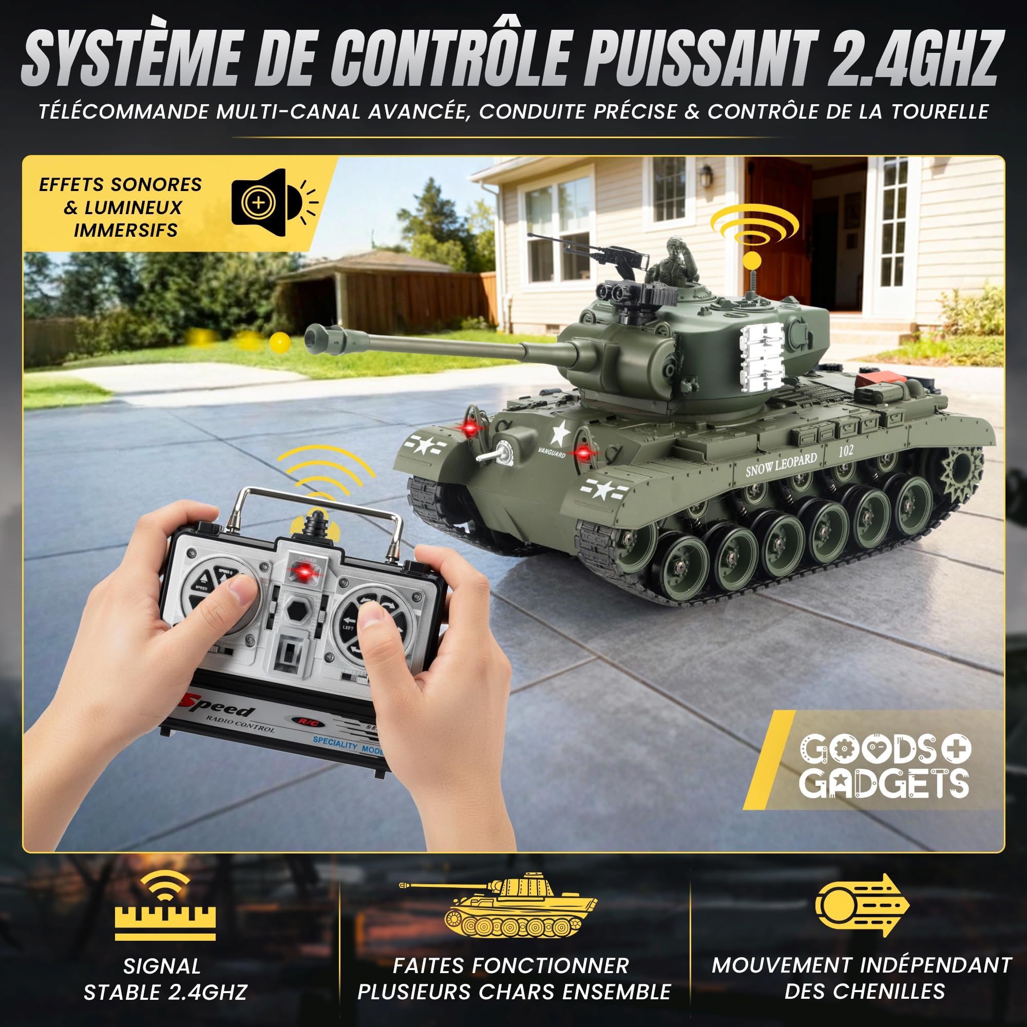 GOODS+GADGETS Modèle réduit de Char d'assaut Allemand Tiger I 2.4GHz à l'échelle 1:16 avec Fonction de tir, Son,Unisexe - RTR (Pershing Snow Leopard)