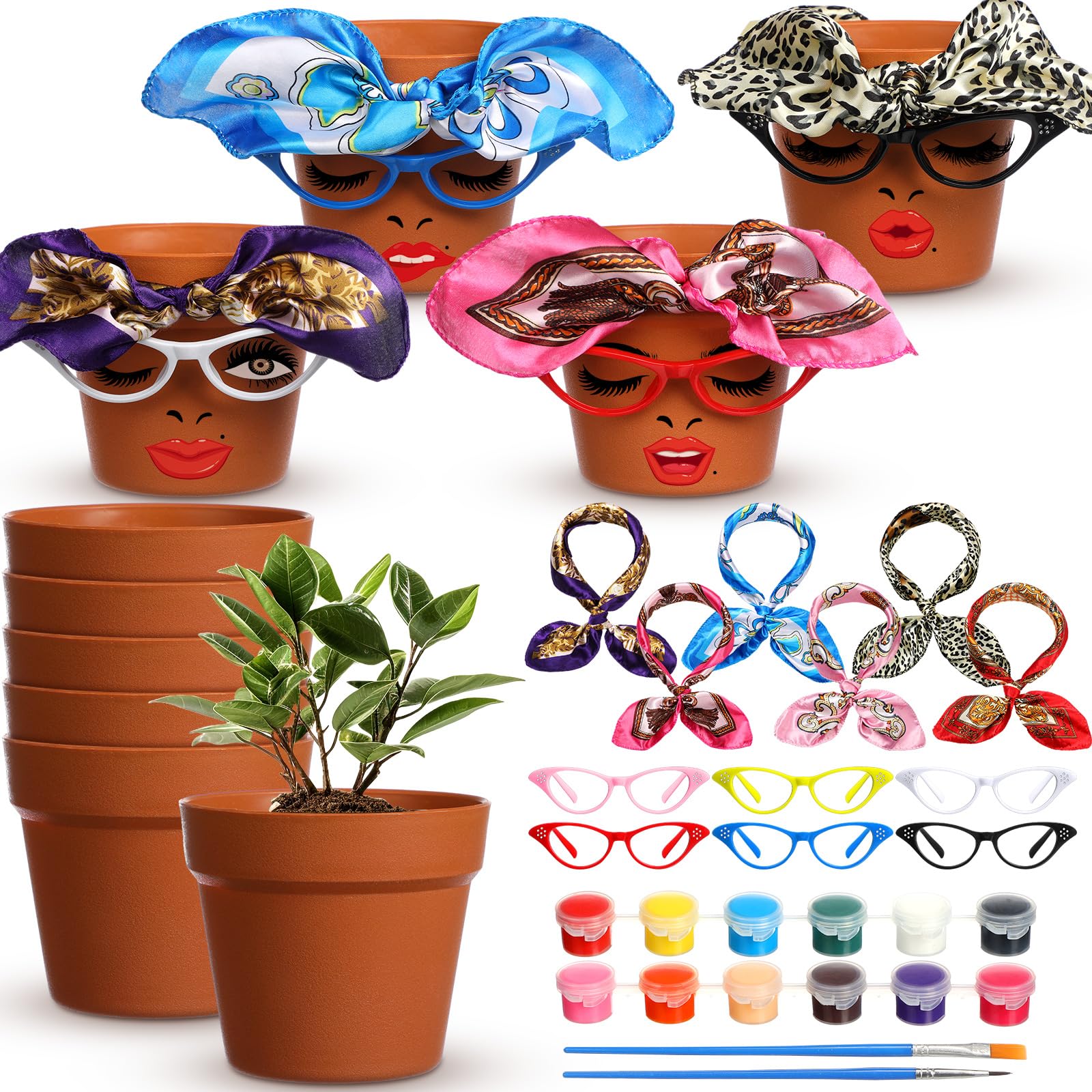 Sliner 6 Set Funny Plant Pots Painting Kit Cute Face Head Flower Pots with Glasses Chosen Sister Planter Include Glasses Silk Scarf Acrylic Paint for Outdoor Adults Art Painting DIY Crafts