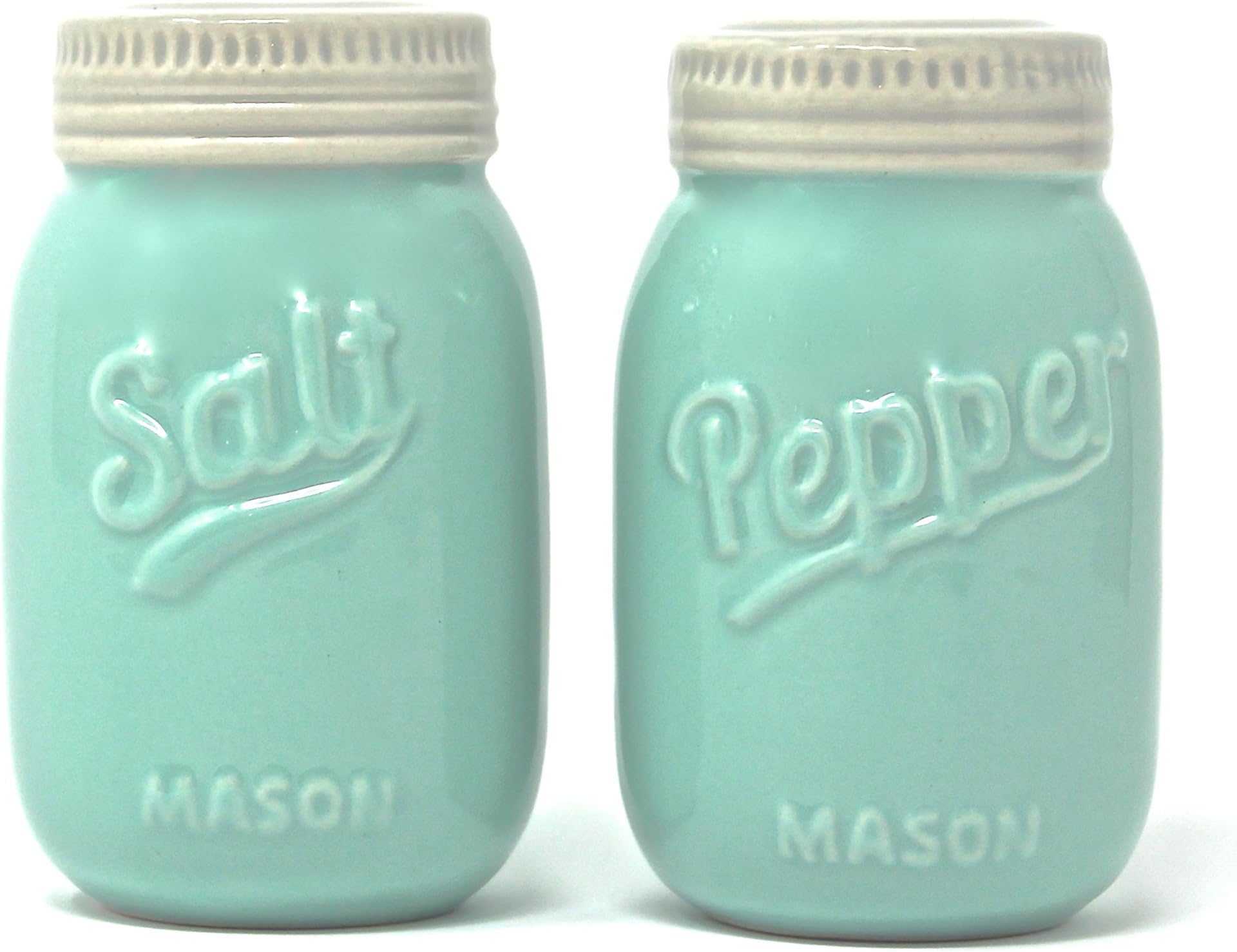 Vintage Mason Jar Salt and Pepper Shakers - Rustic, Farmhouse, Shabby Chic Mason Jar Decor - Mint Blue Sturdy Ceramic Shakers make for Adorable Decorative Farmhouse Kitchen Decor