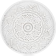 Hanobe Round Decorative Coffee Tray: Rustic White Table Tray Decor Farmhouse Centerpiece Wood Circle Tray Floral Serving Trays for Kitchen Counter Boho Ottoman Tray for Home