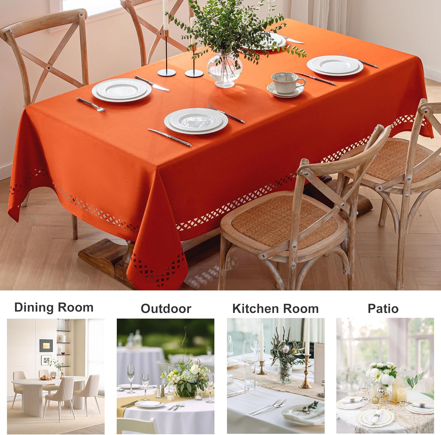 JIALE Heavy Duty Rectangle Tablecloth with Decorative Cutouts, Waterproof Tablecloth Wrinkle Free Boho Fall Farmhouse Dining Tables Cover for Dining Party Camping, 60 x 102 inch, Burnt Orange