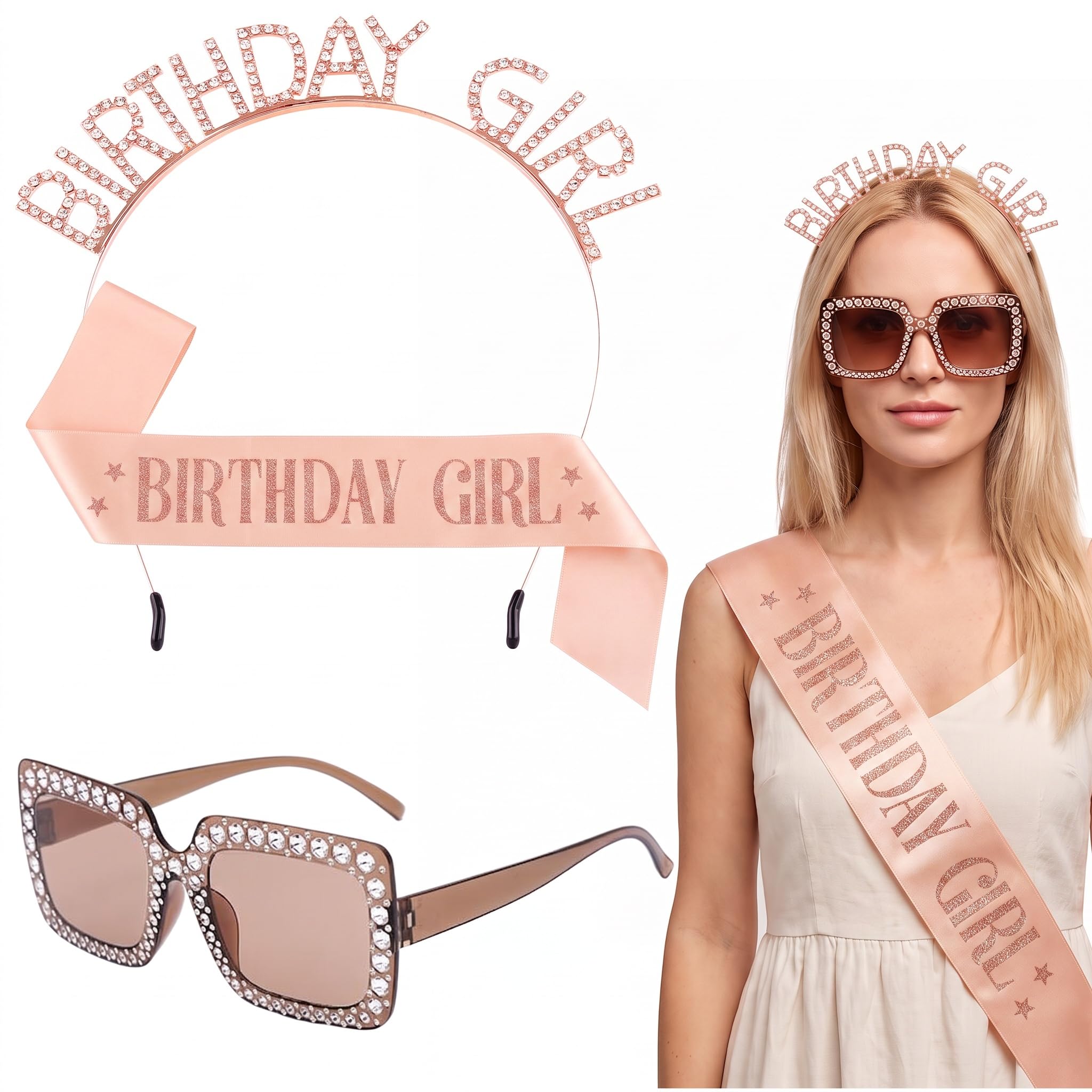 Mnuwoee 3 Pcs Birthday Girl Sash Headband Sunglasses Accessories for Women