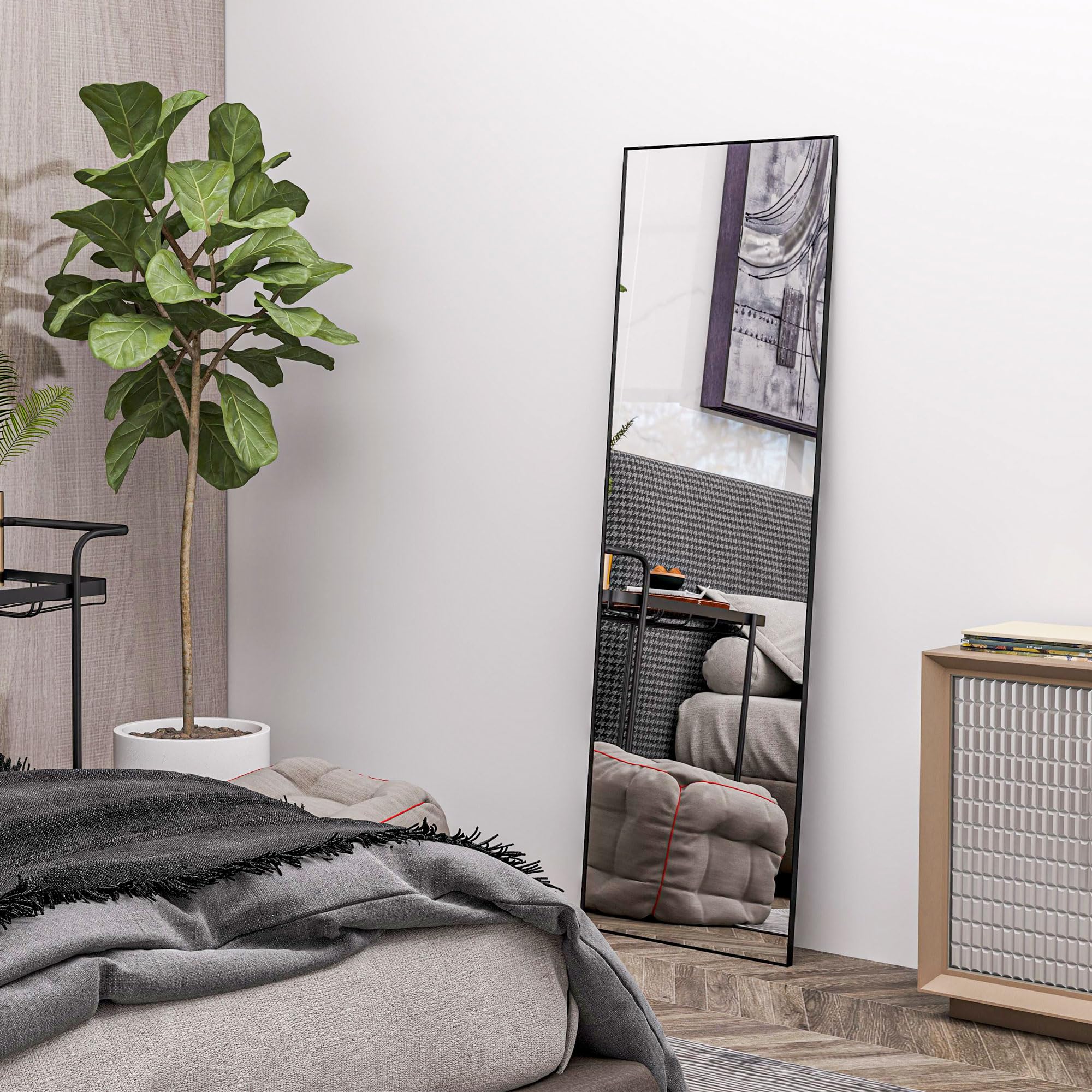 HOMCOM Specchio da Terra Moderno a Figura Intera, 40x150 cm Specchio da Parete e Autoportante Rettangolare con Cornice, Ganci e Supporto per Camera da Letto, Soggiorno e Ingresso, Nero
