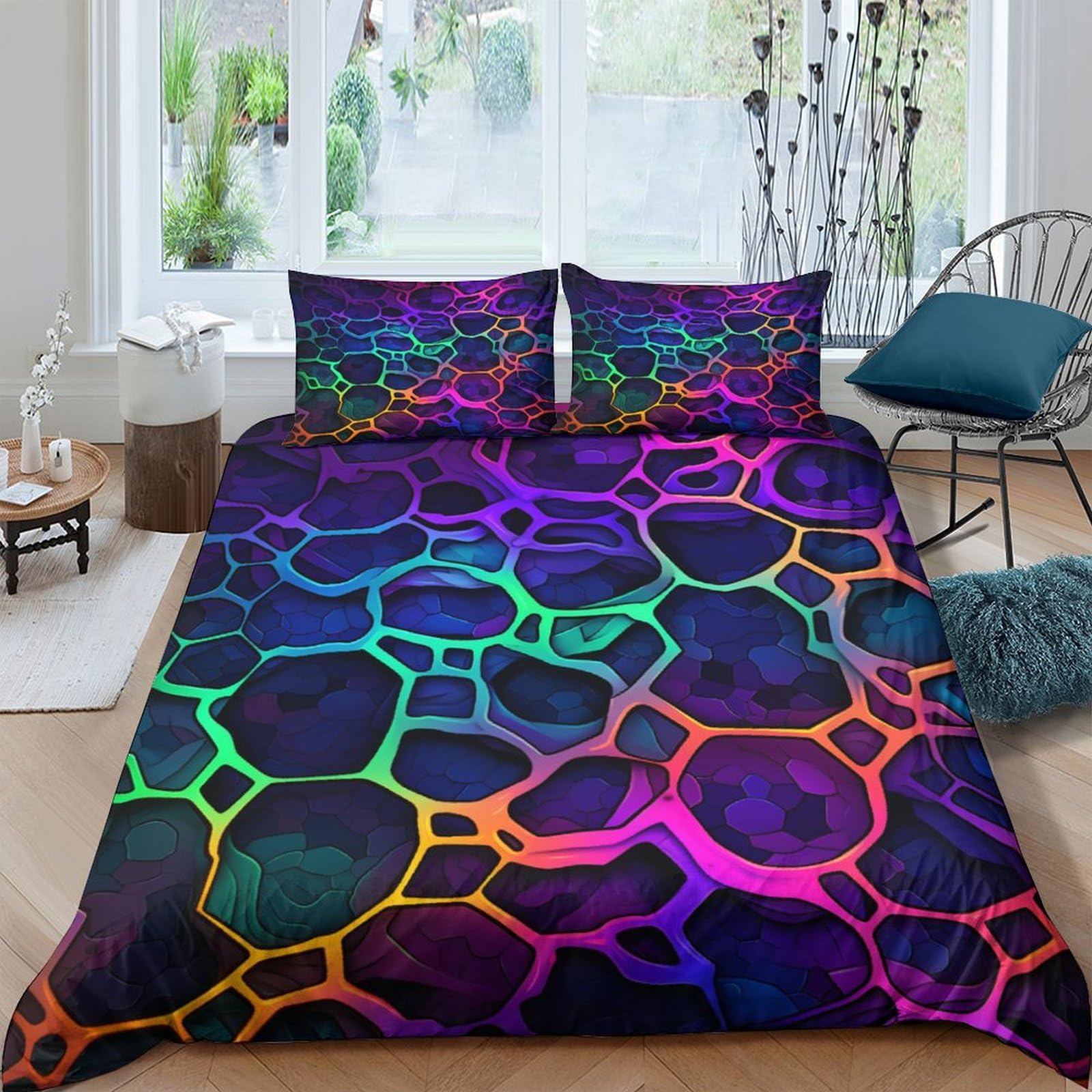 Housse de couette 3D imprimé géométrique couleur néon avec taies d'oreiller