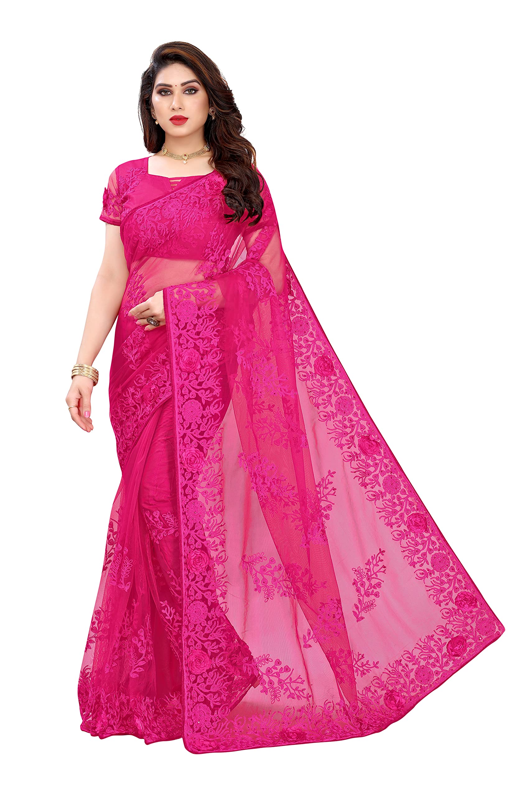 NEER FASHIONWomen's Woven Net Saree With Blouse Piece (NEER FASHION_Rani Pink)