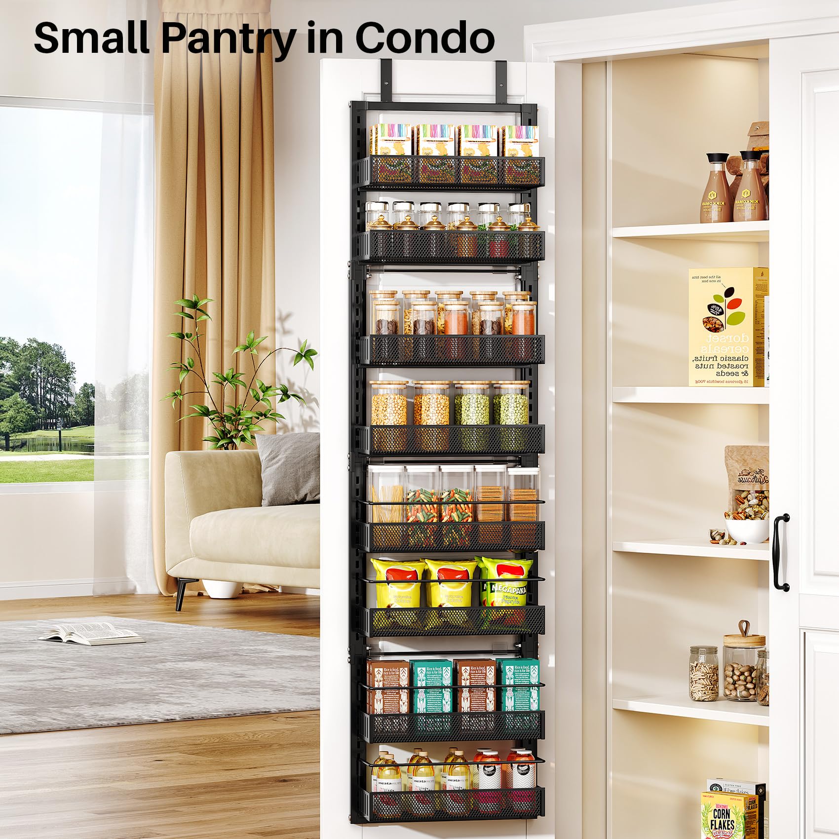 SNTD Organizador de despensa sobre la puerta, organizador de especias ajustable de 8 niveles, estante de especias para puerta colgante de gran capacidad para organizar despensa de cocina y