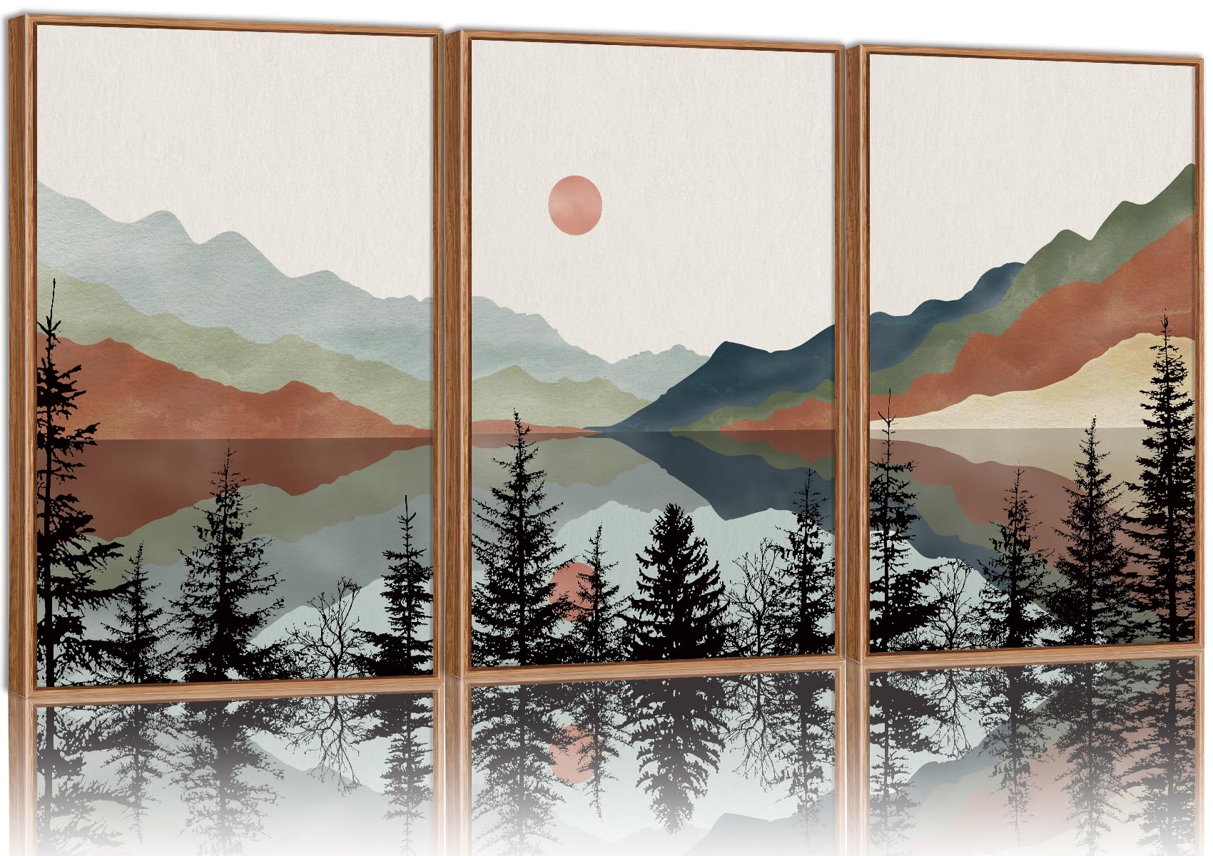 Tinonedraw Boho Mountain Framed Canvas Wall Art Set, Watercolor Nature Landscape Wall Decor, Black Pine Forest Artwork, Modern Sunrise Art Prints for